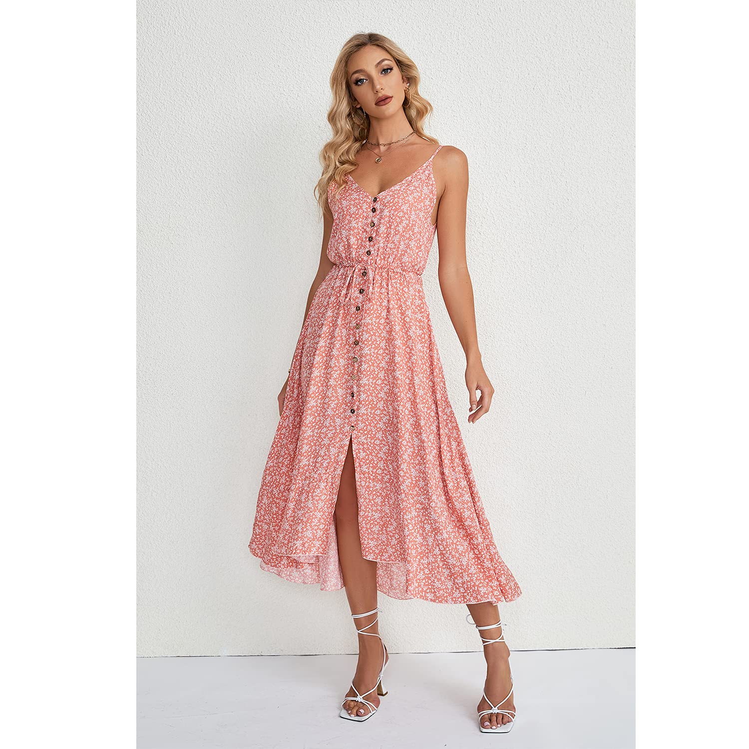 BROVAVE Women's 2025 Summer Casual Boho Sundress - Polka Dot Spaghetti Strap V-Neck Flowy Midi Dress for Beach, Vacation & Outdoor Parties