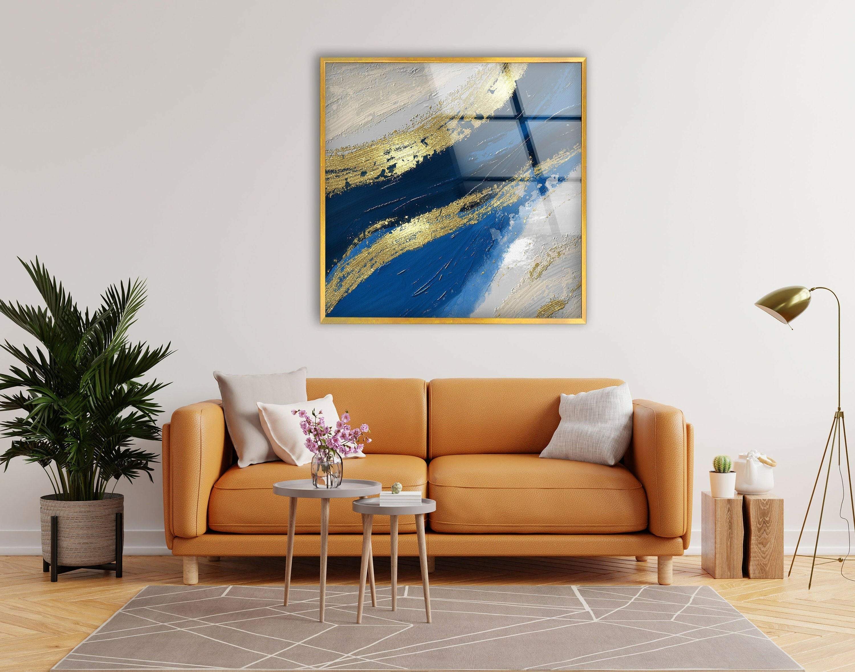 Blue and Gold Modern Art Glass Wall Decor - Elegant Handmade Glass Artwork for Living Room, Bedroom & Office Decor