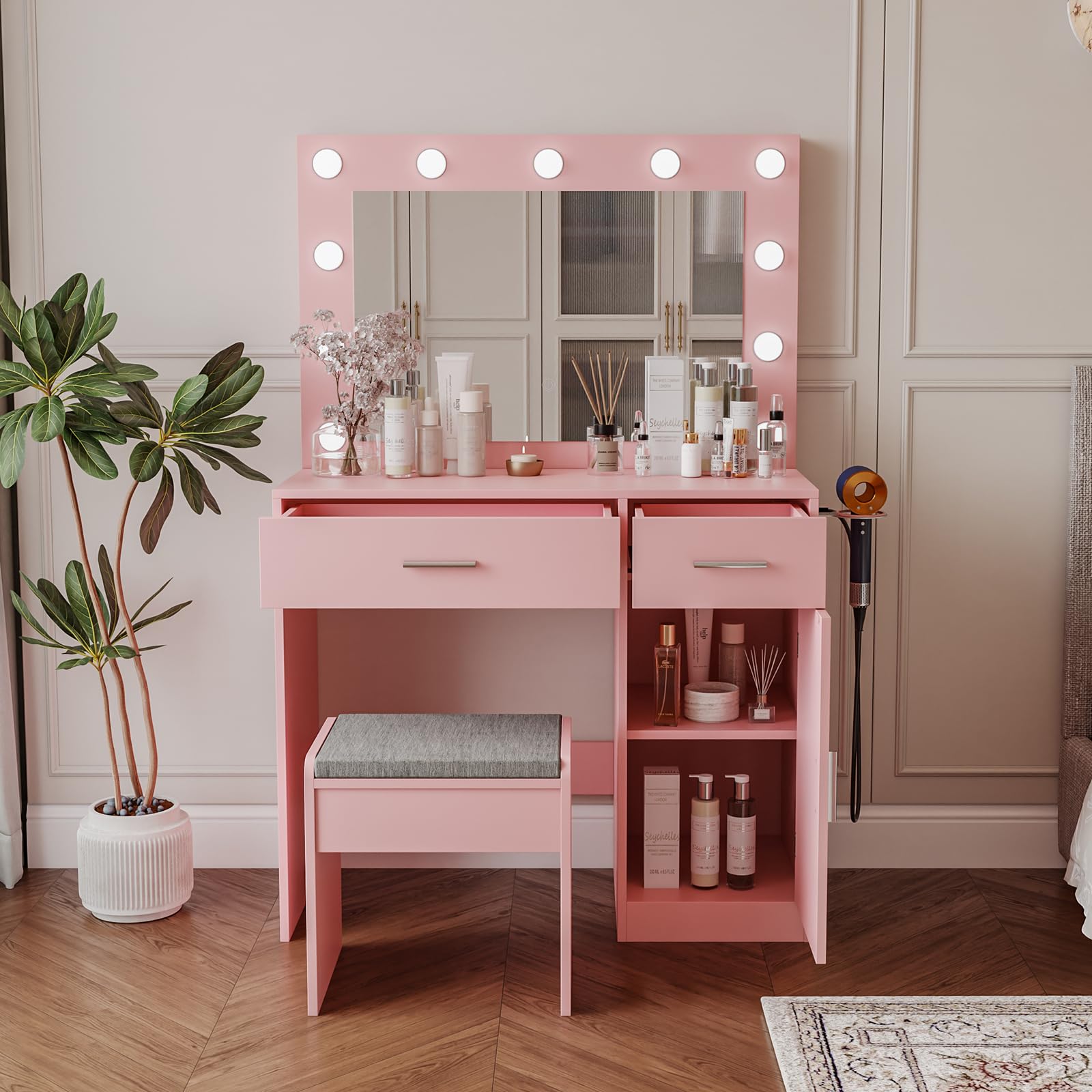 Pink Vanity Desk with Mirror, Large Drawer & Built-in Power Outlet - 11 LED Bulbs, 3 Adjustable Lighting Modes, Makeup Dressing Table for Bedroom, Perfect for Applying Makeup & Skincare Routine