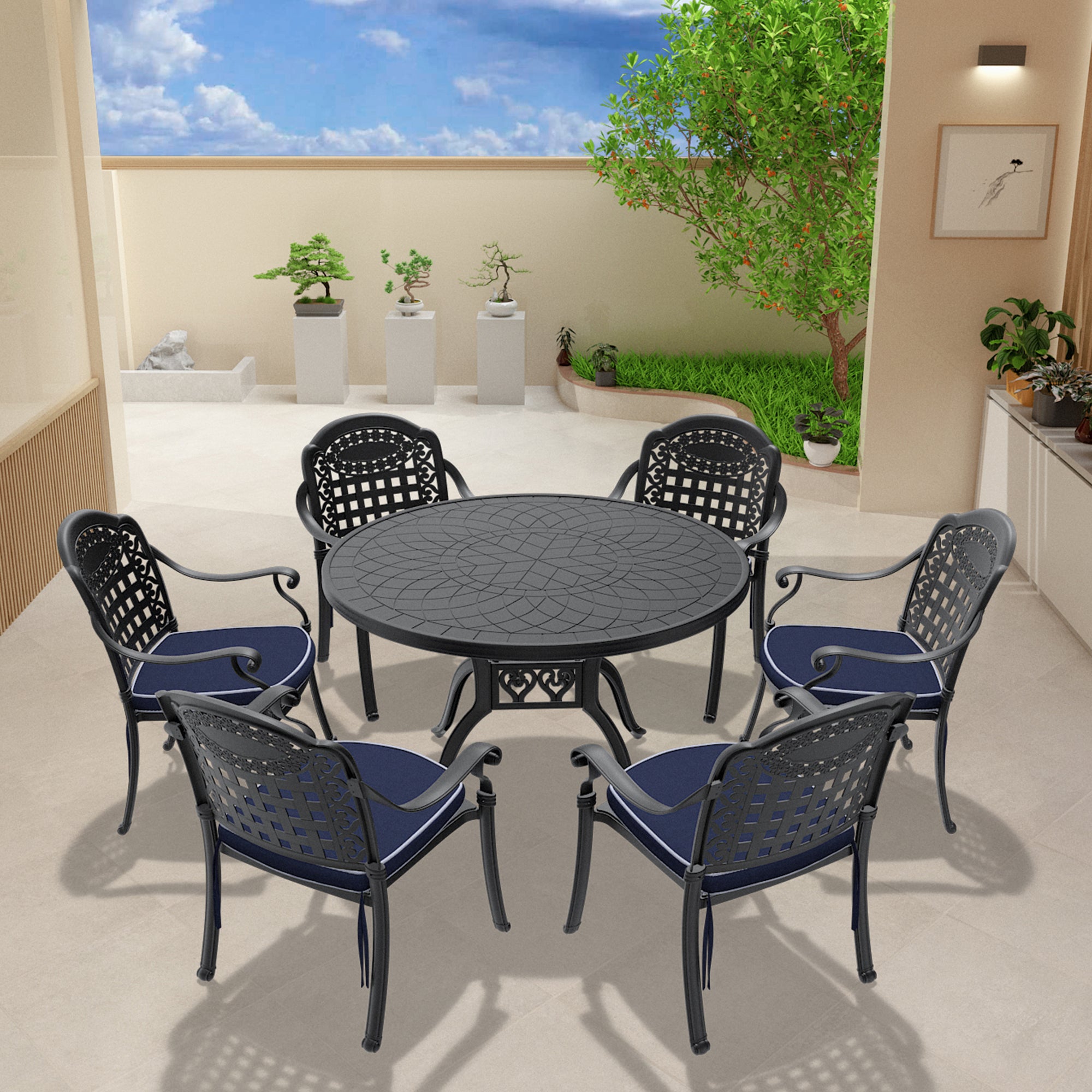 7-Piece Cast Aluminum Patio Furniture Set with Cushions (Random Colors) - Outdoor Dining & Lounge Set for Garden, Poolside & Backyard Relaxation