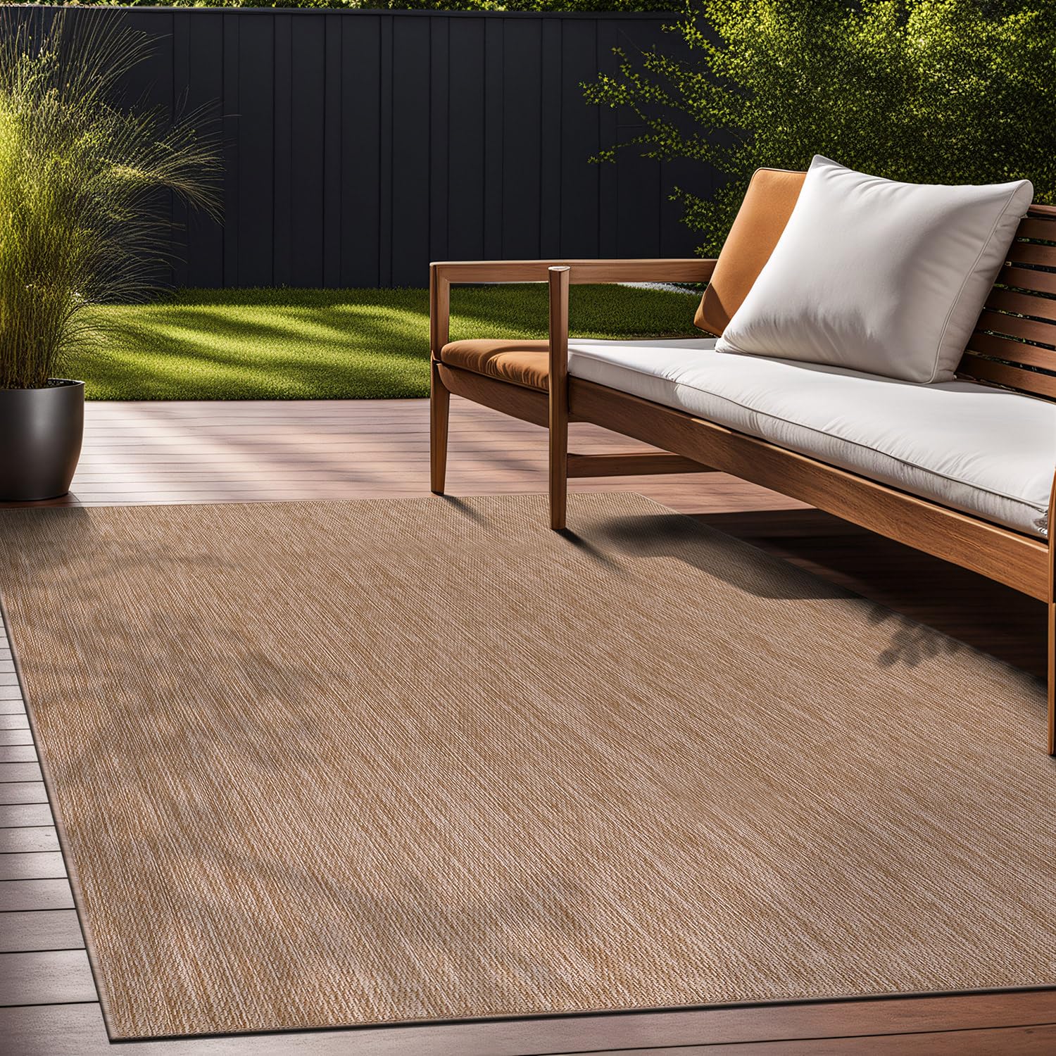 Beverly Indoor Outdoor Rug 6x9 - Washable Water Resistant Jute Beige Area Rug for Patio, Deck, Porch - Modern Solid Design for Home, Garden & Backyard Decor