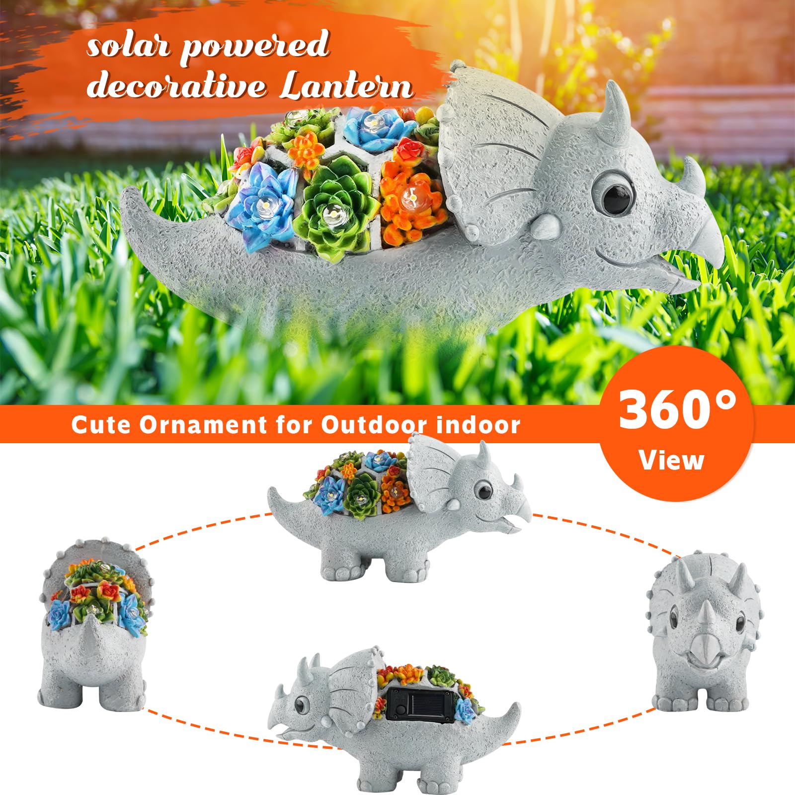 Solar Dinosaur Garden Statues with LED Lights & Succulent Planter - Outdoor Lawn Decor for Patio, Balcony, Yard - Unique Housewarming & Birthday Gifts for Women, Mom, Grandma - Perfect for Garden Themed Parties & Dinosaur Lovers