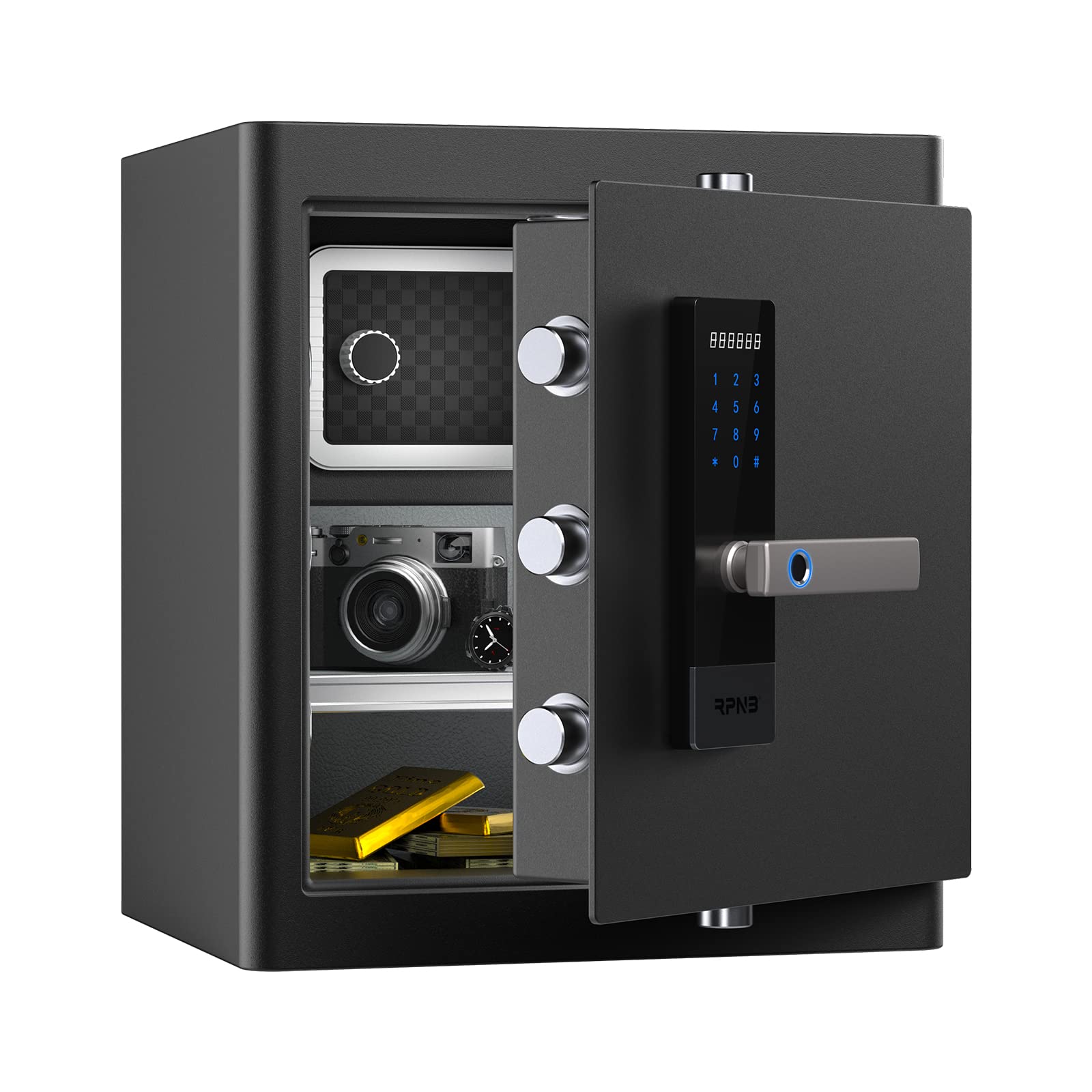 RPNB Deluxe Home Safe Box - Smart Touch Screen Biometric Fingerprint Security Safe with Voice Prompt, Dual Alarm, One-Touch Unlock & Interior Storage | 1.6 Cubic Feet | Ideal for Home, Office, Hotel & Business Security | Protect Jewelry, Cash, Documents & Valuables