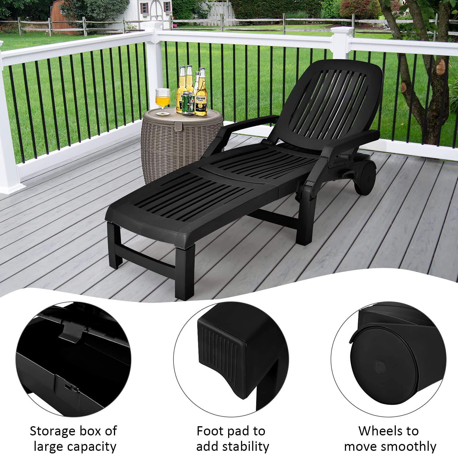 Giantex Adjustable Chaise Lounge Chair - 6-Position Recliner with Wheels, Foldable Outdoor Sun Lounger for Patio, Poolside & Garden - Perfect for Relaxing, Sunbathing & Outdoor Lounging (Black)