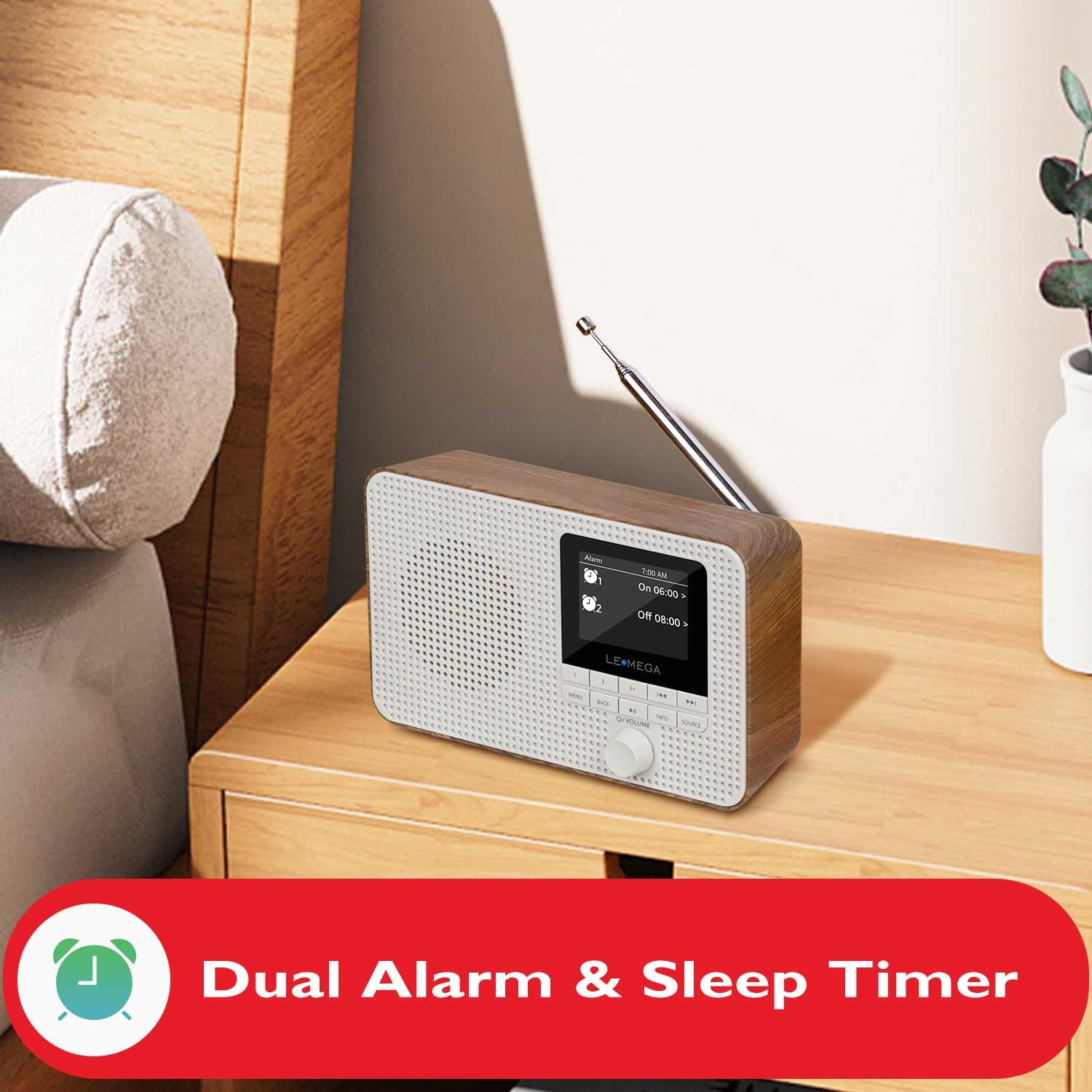 LEMEGA IR1 Portable WiFi Internet Radio with FM Digital Tuner, Bluetooth Speaker, Dual Alarm Clock, Sleep Timer, 40 Presets, Headphone Jack, Color Display - Battery or AC Powered (Walnut Finish) - Perfect for Home, Office, and Travel Use