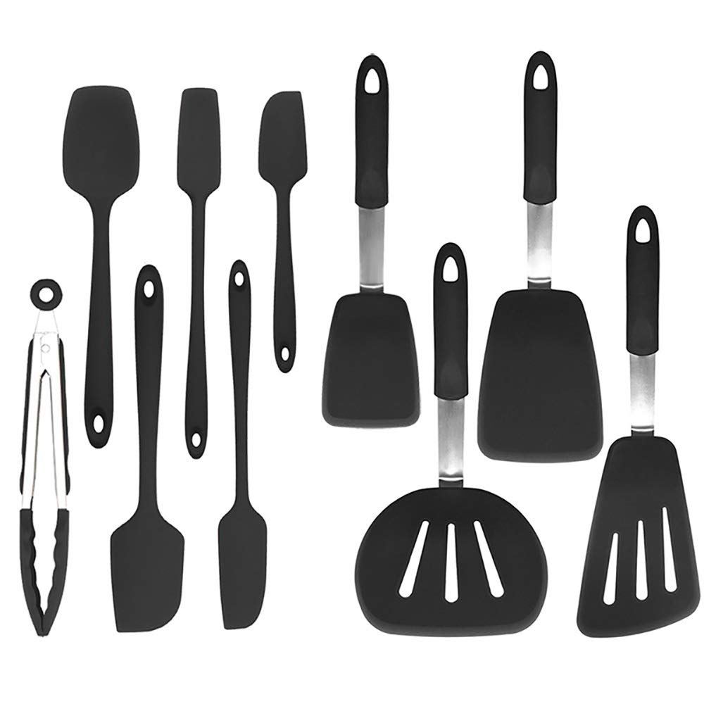 10-Piece Non-Stick Silicone Spatula Set - Food Grade Heat-Resistant Kitchen Utensils for Baking, Cooking, Mixing & Cake Decorating (Black) - Perfect for Home Chefs & Professional Bakers