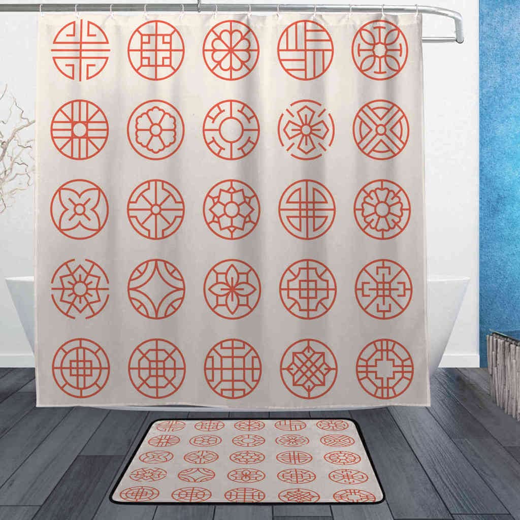 2Pcs Korean & Asian Traditional Circle Pattern Waterproof Shower Curtain Set with Bath Mat & 12 Hooks - 72x72 Inch, Red - Elegant Bathroom Decor for Home, Spa & Hotel Use