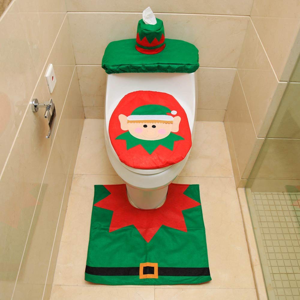 Christmas Elves Toilet Seat Cover, Tissue Box Cover & Bathroom Carpet Set - 3-Piece Holiday Bathroom Decor for Christmas, Festive Home Accessories (Perfect for Holiday Parties, Gift Giving & Seasonal Home Styling)