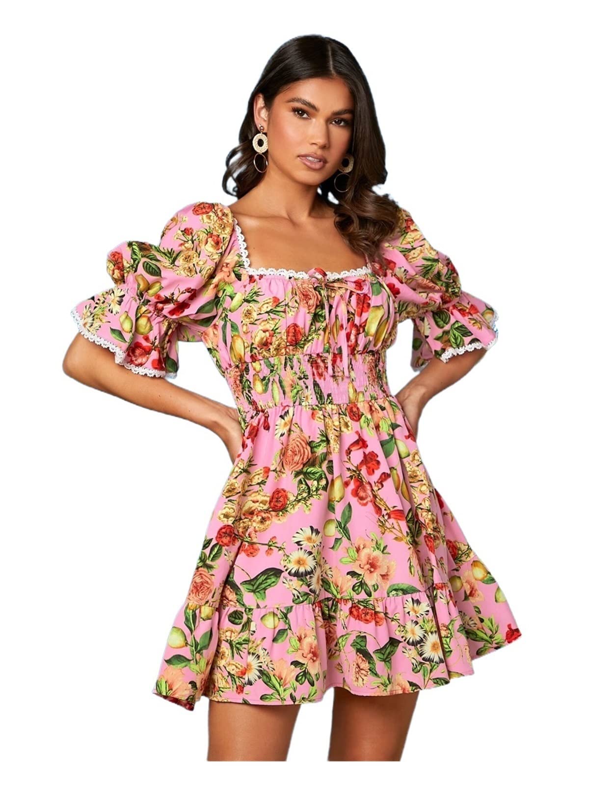 Floral Print Square Neck Puff Sleeve Summer Dress for Women - Guipure Lace Trim, Shirred Waist & Ruffle Hem A-Line Dress | Beach Wedding, Garden Party, Vacation Outfit