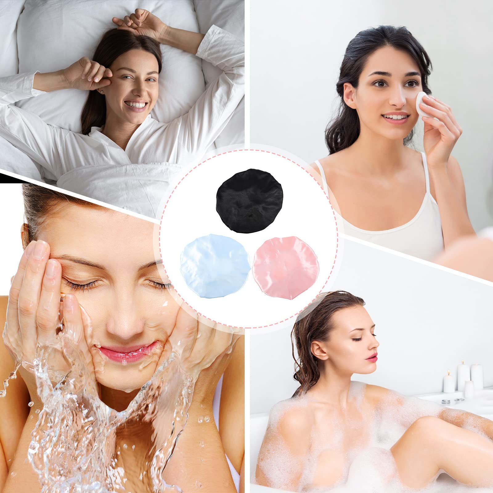 EXCLUZO 3-Pack Adjustable Double Layer Sleep Hat for Women - Soft Satin Shower Cap & Hair Cover for Home, Travel & Spa Use
