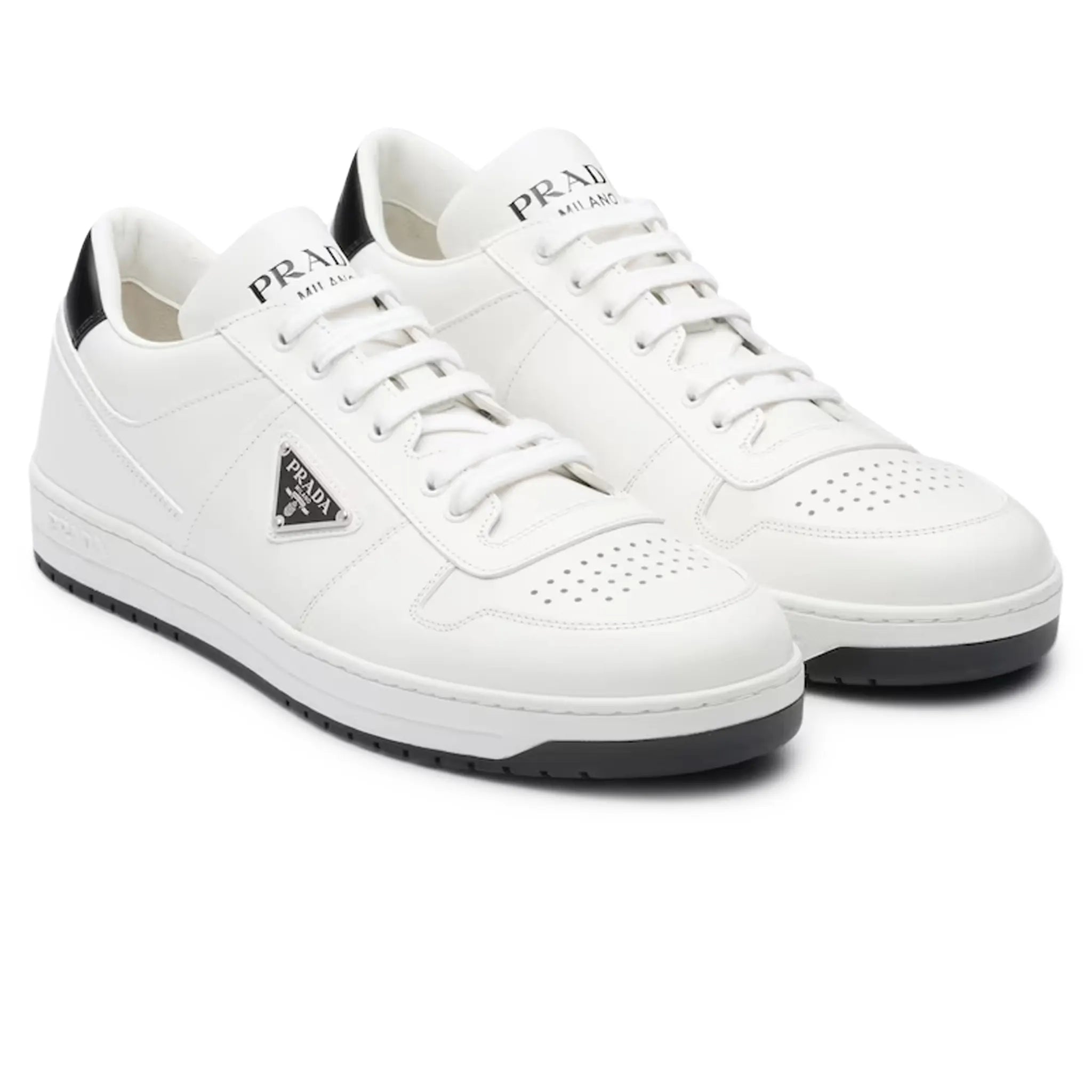 Prada Downtown Triangle Logo White Black Sneakers - Stylish Women's Luxury Fashion Shoes for Casual Wear & Everyday Outfits