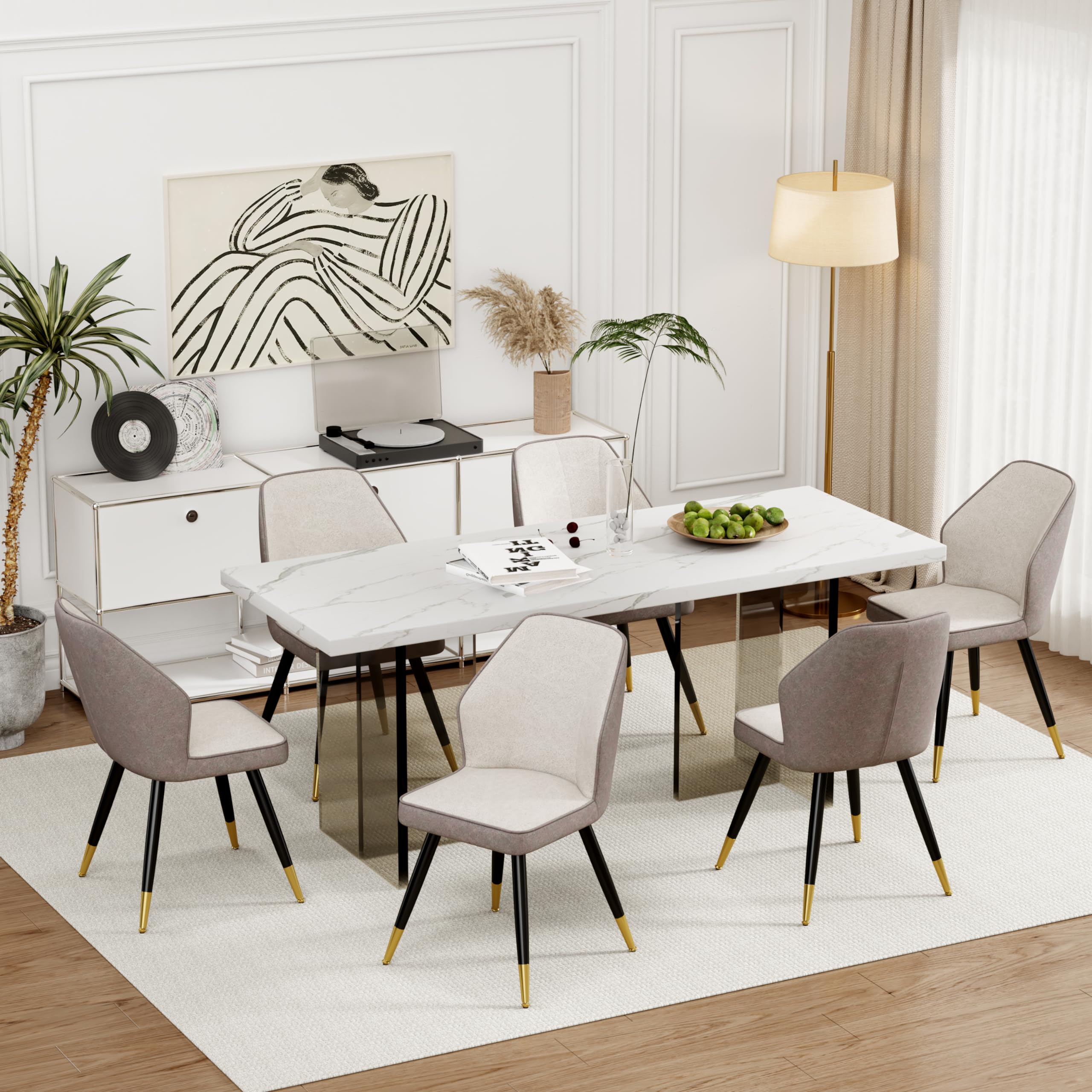 Andeworld Set of 2 Upholstered Dining Chairs - Mid Century Modern Faux Suede Armless Side Chairs with Golden Metal Legs for Dining Room, Living Room, Kitchen - Grey | Comfortable Seating for Home & Office
