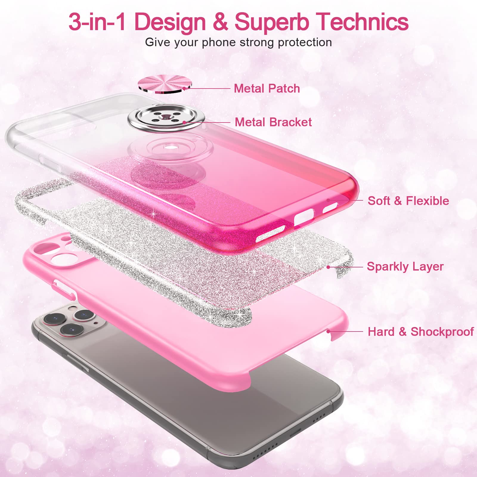 Sparkly Glitter iPhone 11 Pro Max Case with 360° Ring Holder & Magnetic Car Mount - Slim Shock-Absorbent Protective Cover for Women (6.5