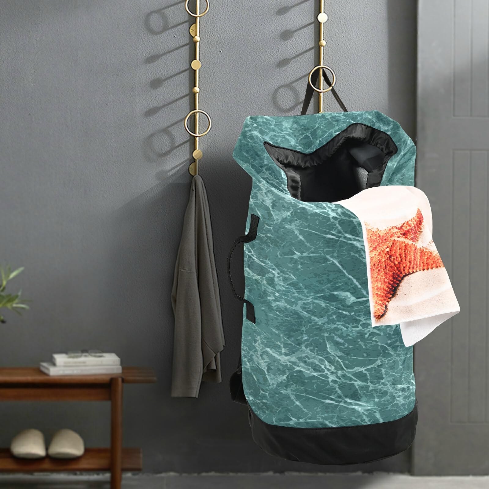 Washable Laundry Backpack - Large Dirty Clothes Bag with Adjustable Shoulder Straps, Marble Pattern Green Heavy Duty Drawstring Laundry Bag for Travel, College & Camping | Perfect for Dorms, Gym & Outdoor Adventures