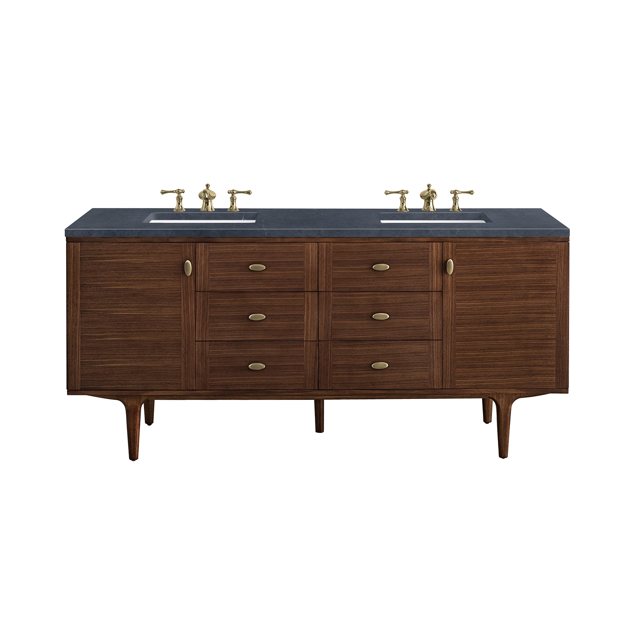 Amberly 72 Inch Double Bathroom Vanity - Mid Century Modern Walnut Wood with 3CM Charcoal Soapstone Countertop | Perfect for Master Bathroom Renovation & Luxury Home Upgrade