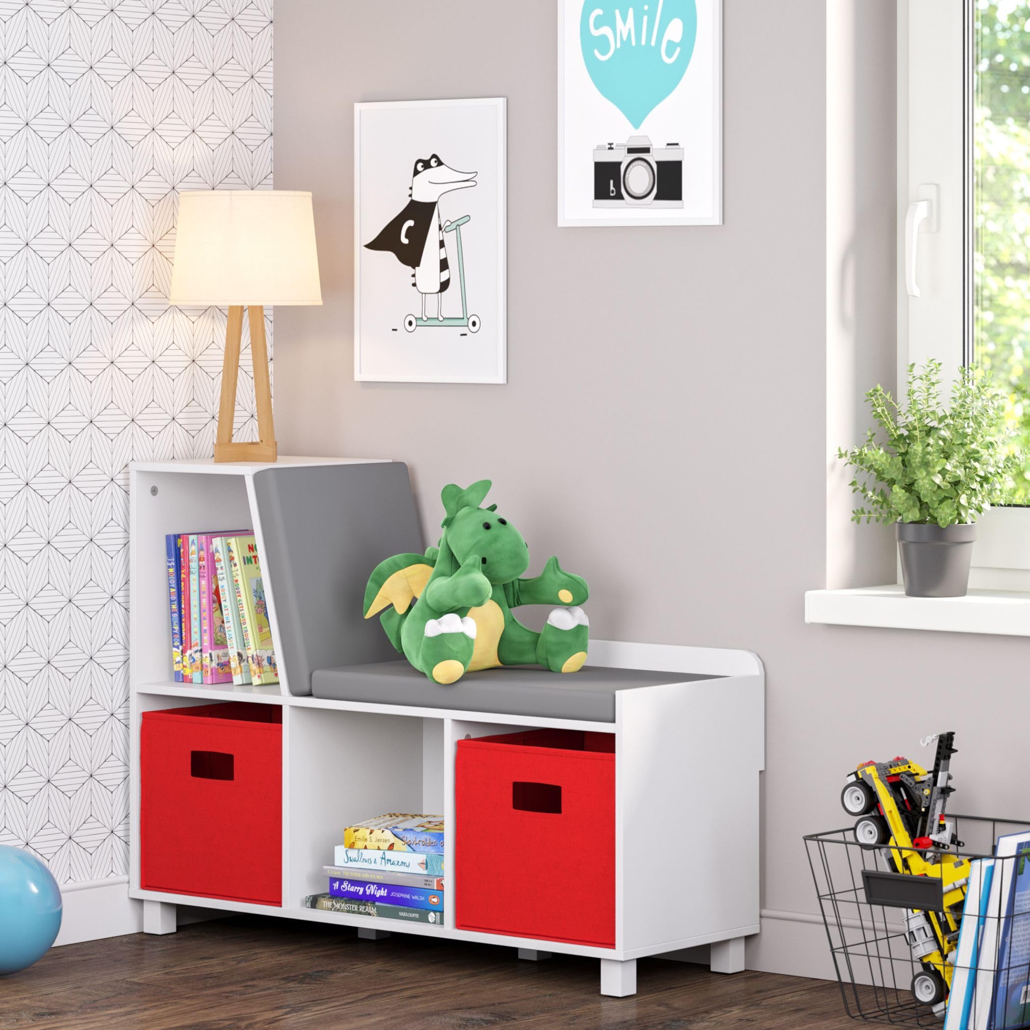 **RiverRidge Kids Book Nook & Toy Storage Bench with Comfy Cushion, White Cubby Organizer & Red Bins - Perfect for Playroom, Bedroom, or Classroom Organization**