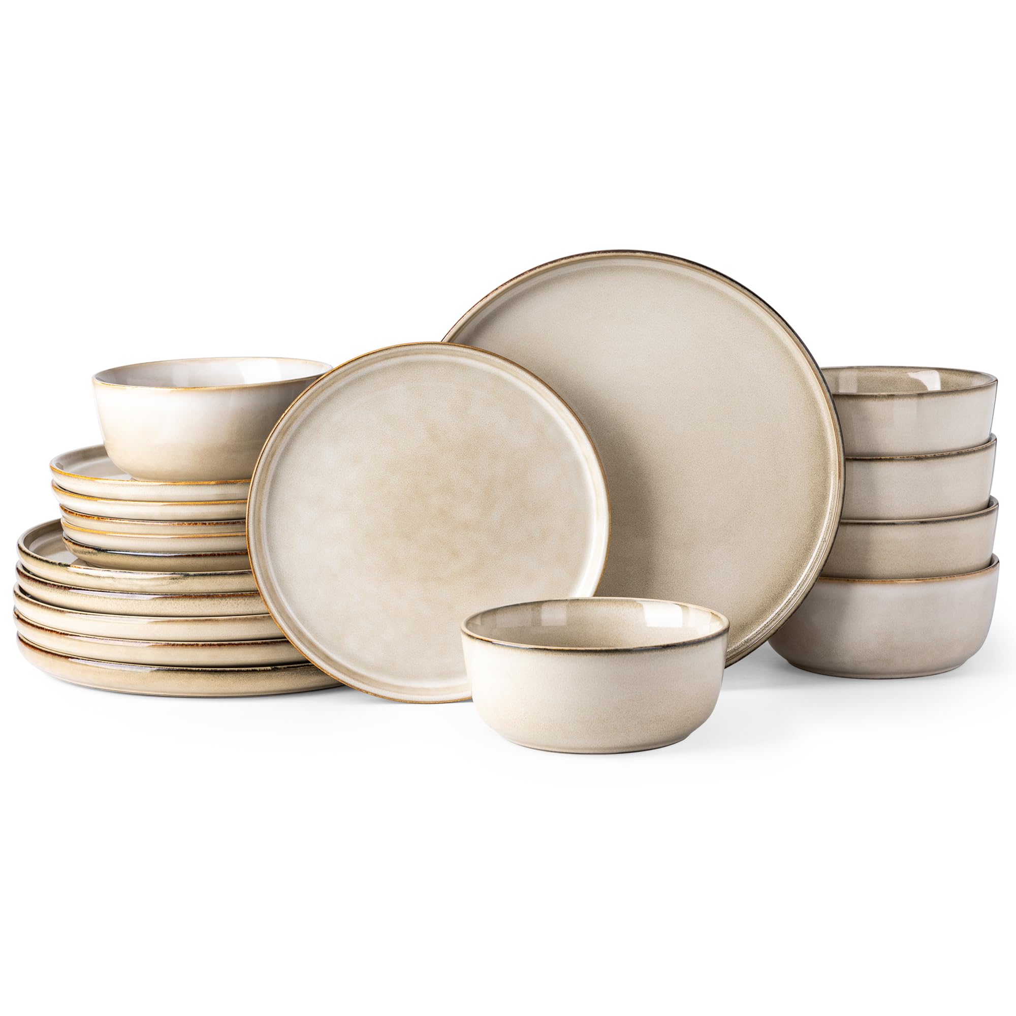 Premium 18-Piece Stoneware Dinnerware Set for 6 - Scratch Resistant Ceramic Plates & Bowls, Dishwasher & Microwave Safe, Reactive Glaze in Cappuccino - Perfect for Family Dinners, Restaurants & Entertaining Guests