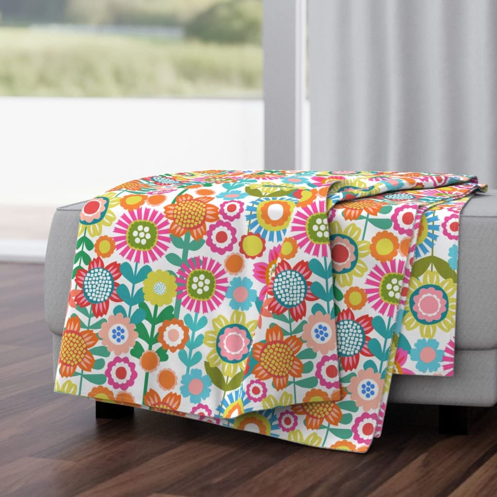 Soft Plush Minky Throw Blanket 50x70 Inches - Floral Retro Rainbow Print Summer Design for Bed, Couch & Nursery | Flower Power White Background with Bright Flowers | Cozy Home Decor Gift