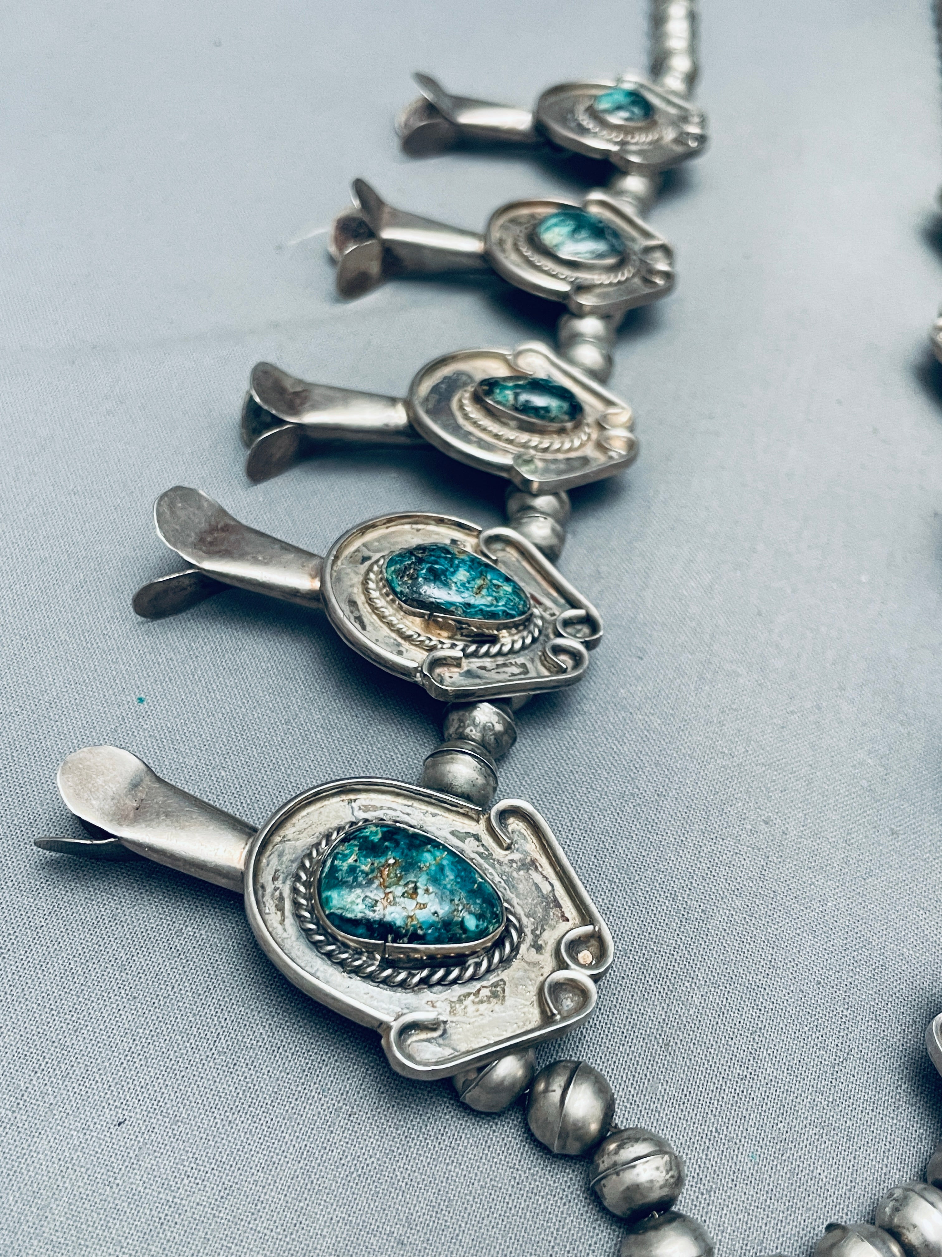 200g Vintage Navajo Turquoise Sterling Silver Squash Blossom Necklace - Authentic Native American Jewelry for Women, Perfect for Boho Fashion & Special Occasions
