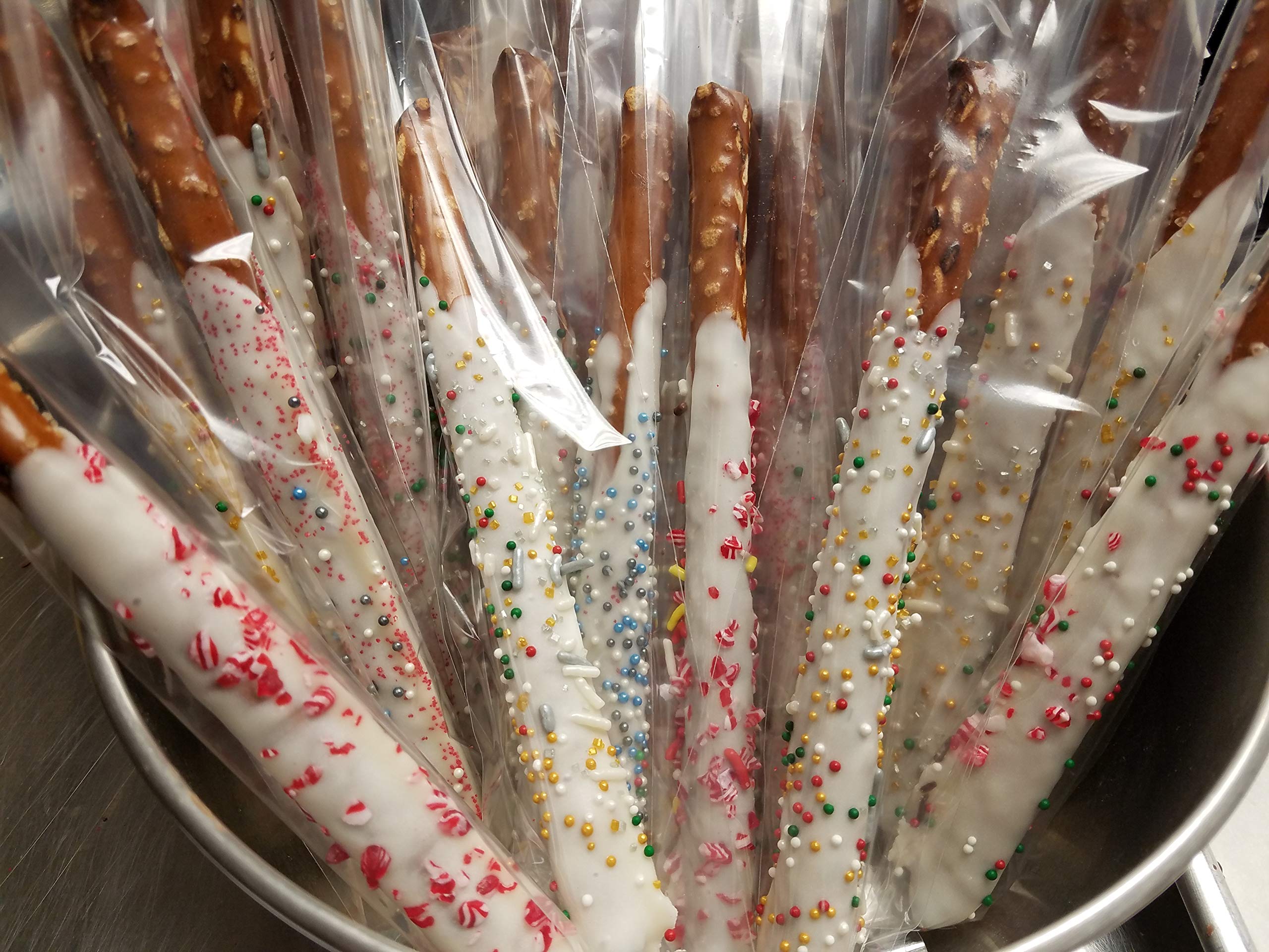 Premium White Chocolate Covered Pretzel Rods with Holiday Toppings - Perfect for Christmas Gifts, Party Snacks & Festive Treats