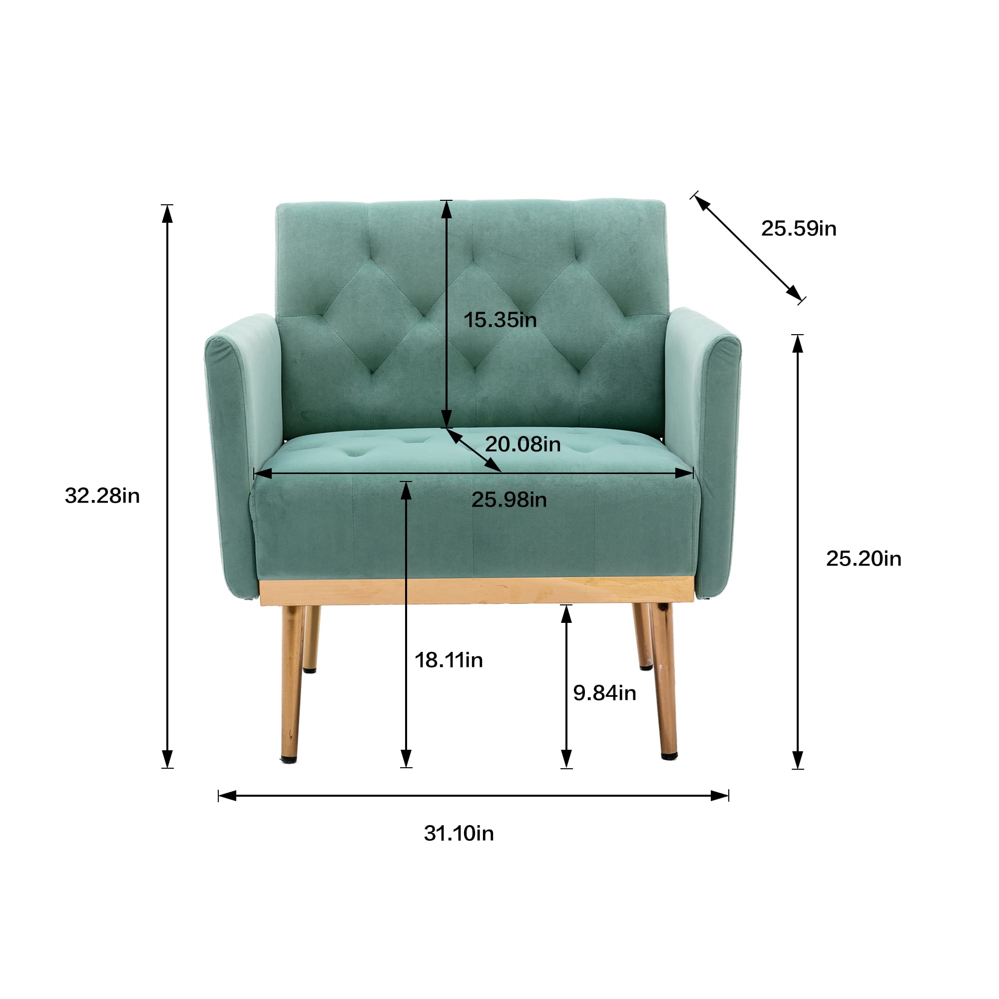 HomVent Modern Accent Arm Chair - Upholstered Barrel Sofa with Gold Metal Legs for Living Room, Bedroom & Home Office - Comfy Single Seater in Mint Green - Perfect for Relaxing, Reading & Enhancing Home Decor