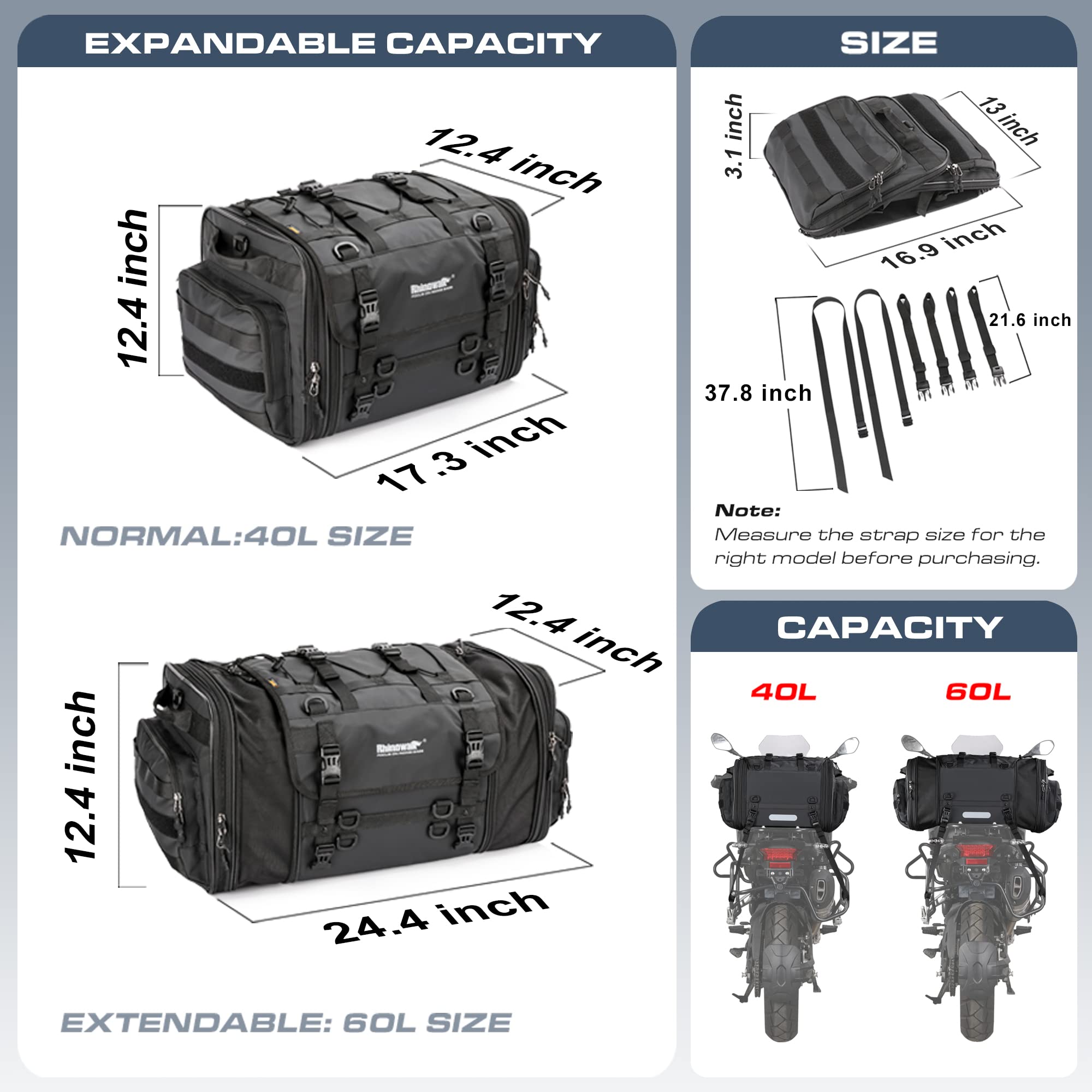 Rhinowalk 60L Expandable Waterproof Motorcycle Tail Bag - All-Weather Travel Luggage with Sissy Bar Straps & Helmet Rain Cover - Black | Perfect for Long-Distance Rides, Commuting & Adventure Touring