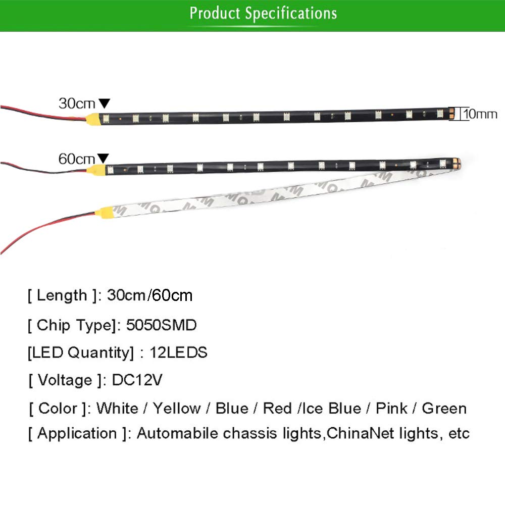 YSY 30CM 5050 12 SMD Flexible LED Strip Lights - Waterproof Car Underbody Lights for Motorcycles, Boats, Interior & Exterior Decor with 3M Tape (DC-12V, Ice Blue, Pack of 8) - Perfect for Vehicle Customization, Home Accent Lighting & Marine Applications
