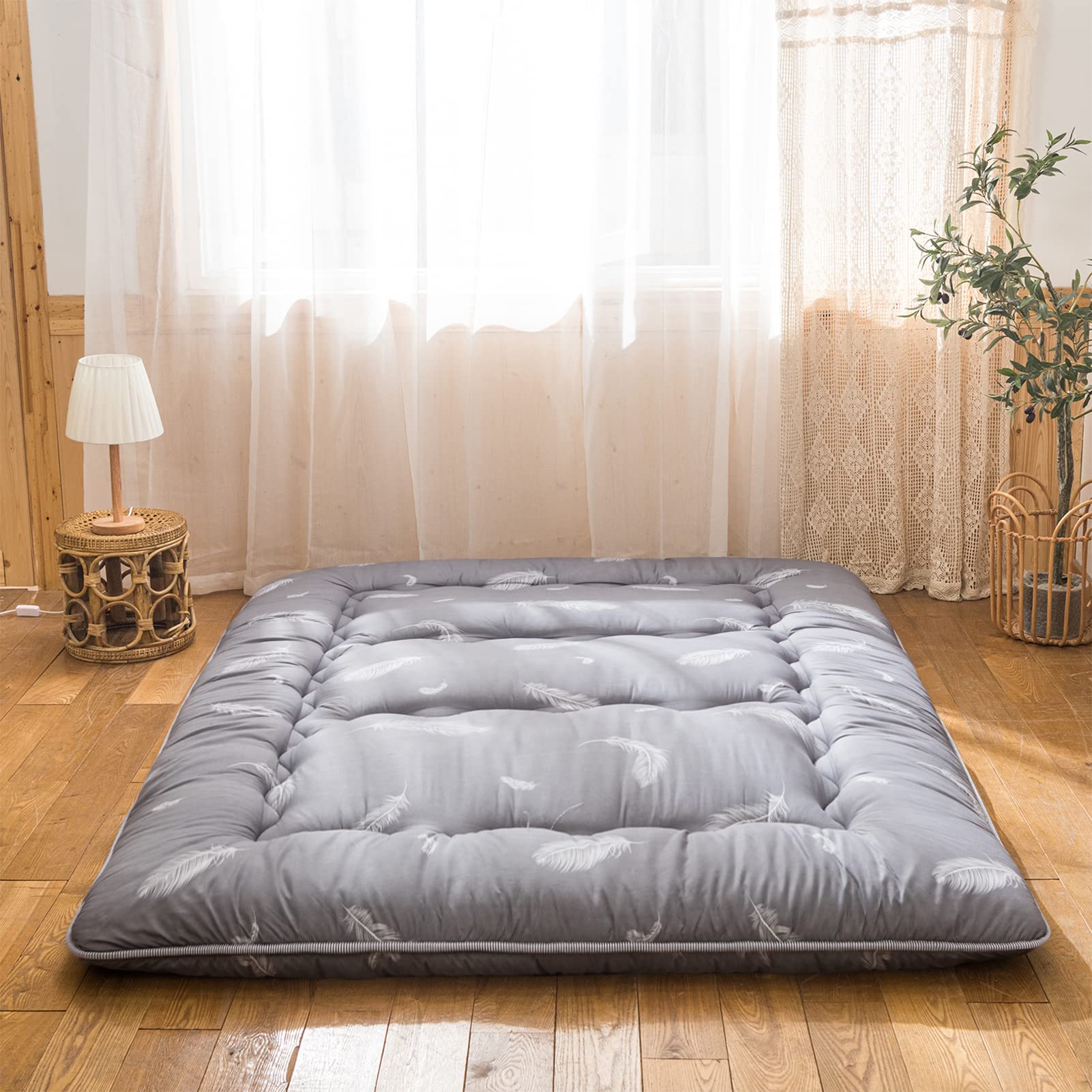 YOSHOOT Grey Feather Futon Floor Mattress - Thick Japanese Foldable Floor Bed for Adults | Queen Size with Canvas Storage Bag | Perfect for Camping, Guest Rooms & Small Spaces