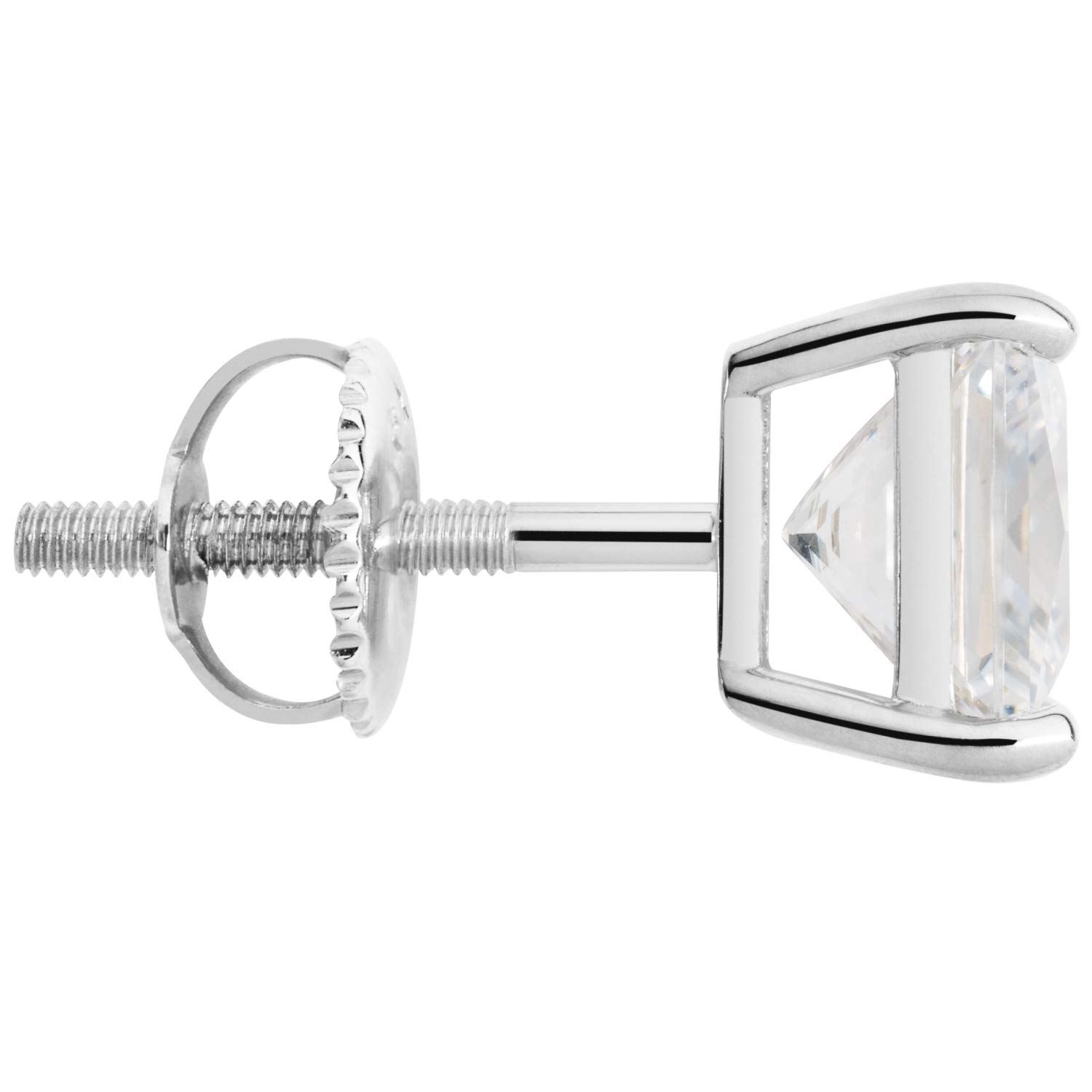 14K Solid White Gold Single Stud Earrings - Round or Princess Cut Cubic Zirconia Screw Back Post Earrings with Gift Box | Elegant Everyday Jewelry for Women, Perfect Gift for Birthdays, Anniversaries & Special Occasions