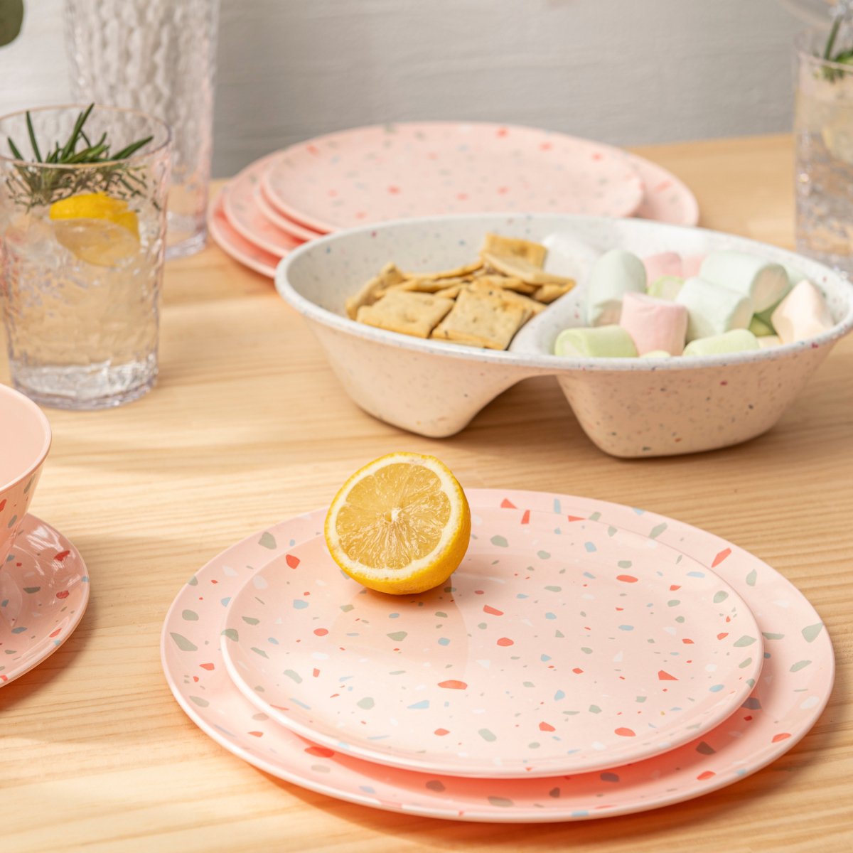 12-Piece Outdoor Dinnerware Set - Pink Confetti Design - Durable Melamine Plates, Bowls & Cups - Perfect for Picnics, BBQs, and Pool Parties