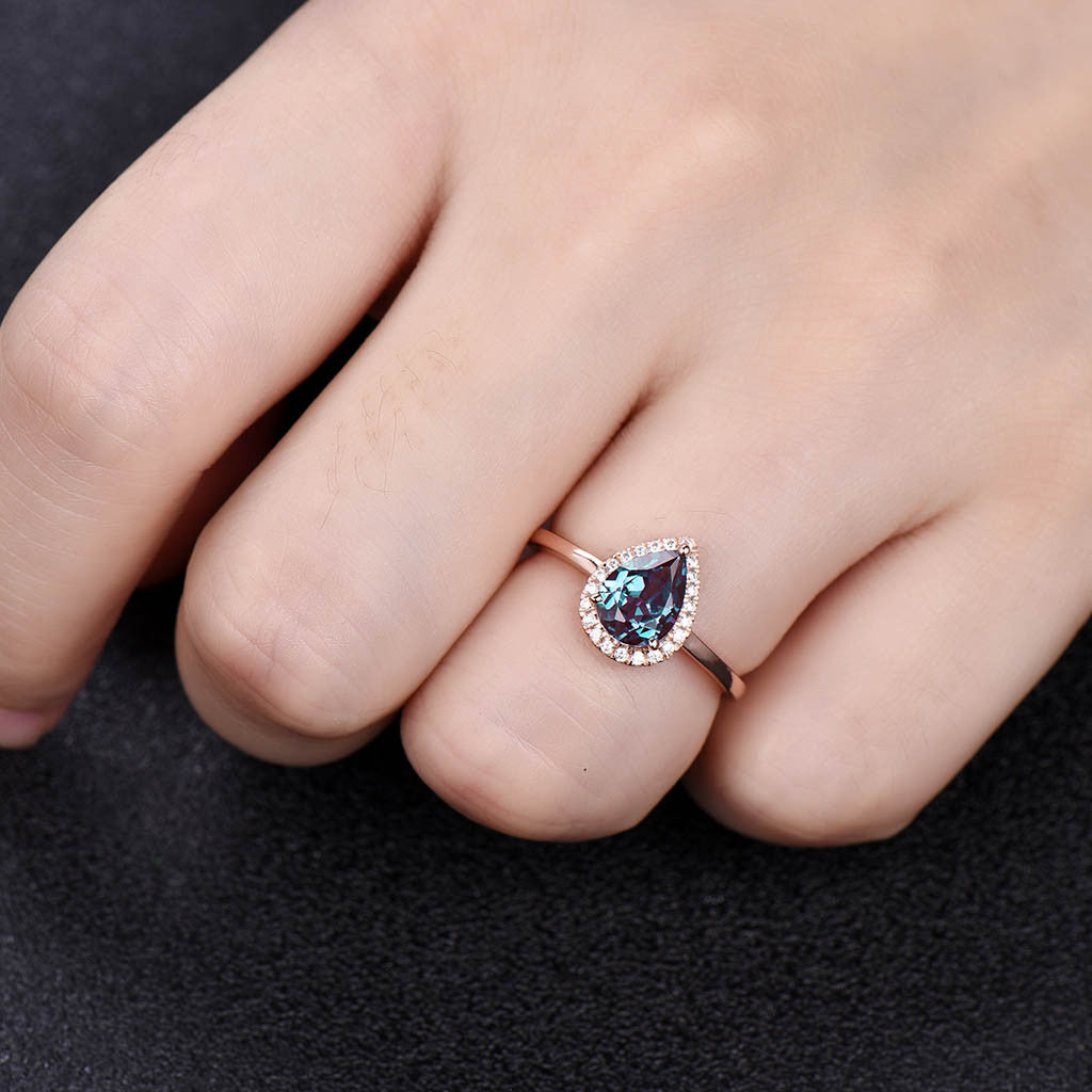 Vintage Pear Shaped Lab Created Alexandrite Engagement Ring - 14K Gold Solitaire Promise Ring for Women, Perfect for Proposals, Anniversaries & Special Occasions