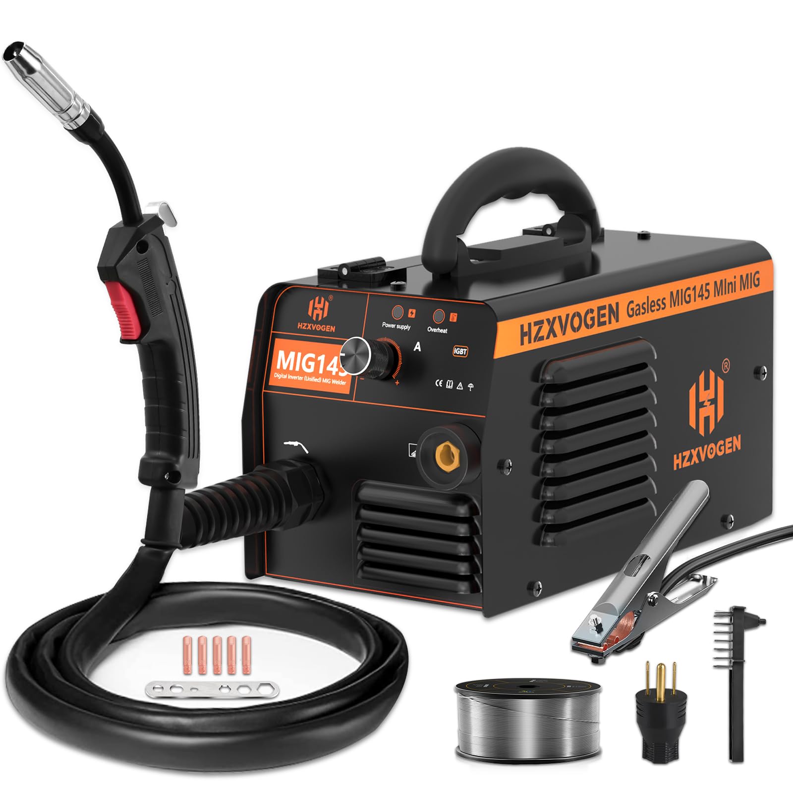 HZXVOGEN 145A MIG Welder 110V/220V Dual Voltage Flux Core Welding Machine - IGBT Inverter Portable Welder for Home DIY, Auto Repair & Metal Fabrication Projects