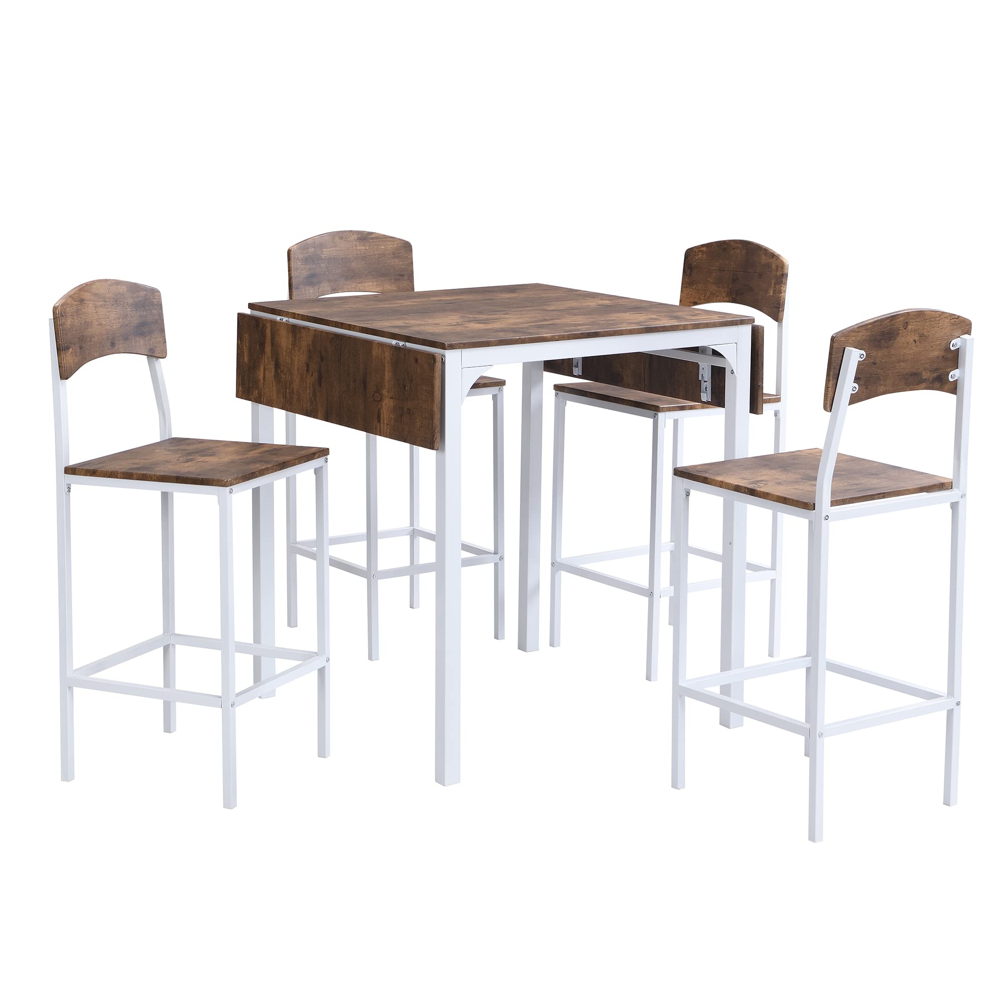 5-Piece Counter Height Dining Table Set with 4 Bar Stools - Farmhouse Drop Leaf Kitchen Table & Chairs with Footrest - Space Saving Design for Small Kitchens, Breakfast Nooks & Apartments (White Frame)