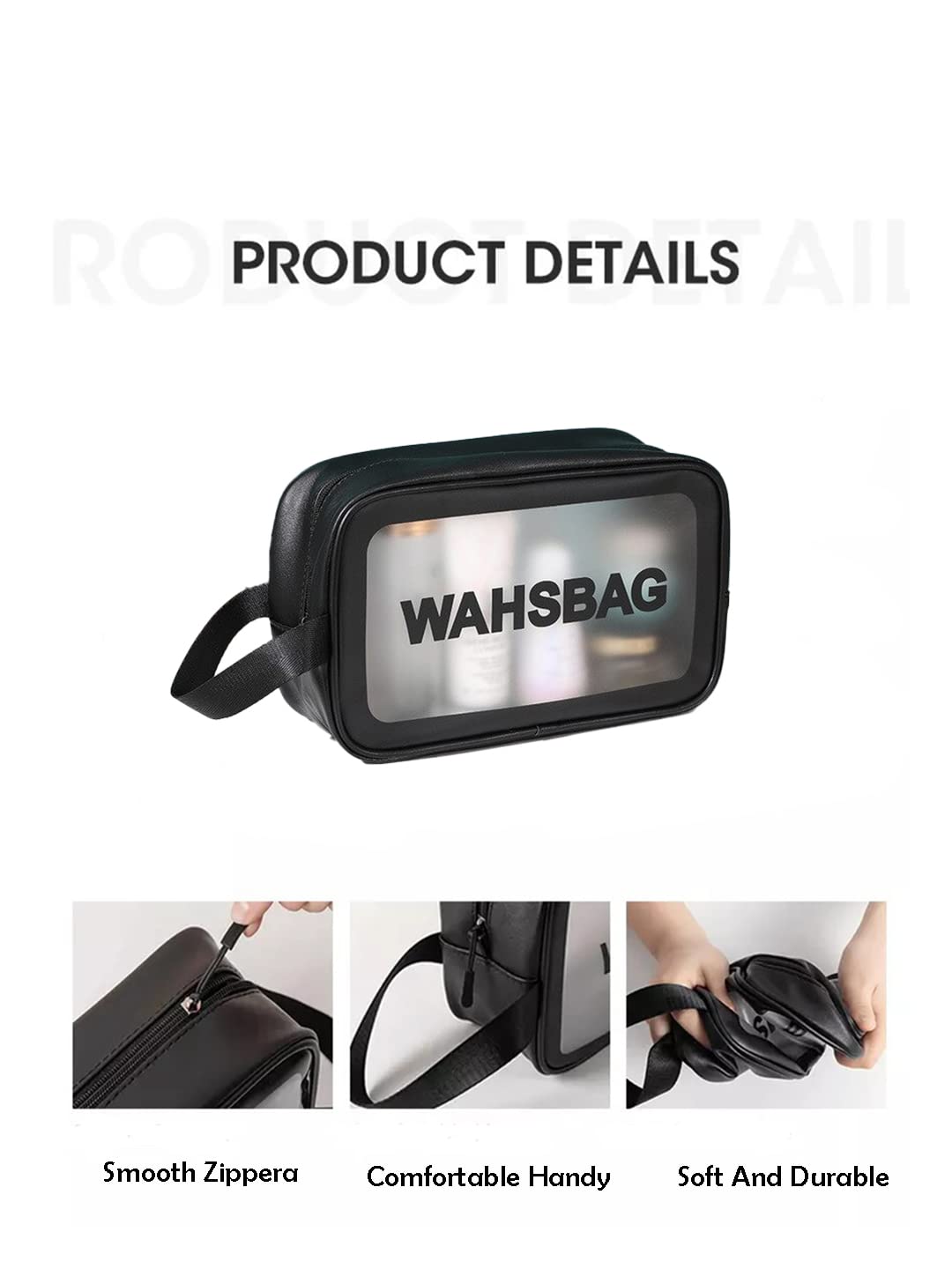 Amso Waterproof PVC Cosmetic Bag - Travel Makeup & Toiletry Organizer for Brushes, Cosmetics & Accessories | Portable Zippered Carry Pouch for Home & Vacation (Black, Medium Size) | Perfect for Daily Use, Gym, Business Trips & Weekend Getaways
