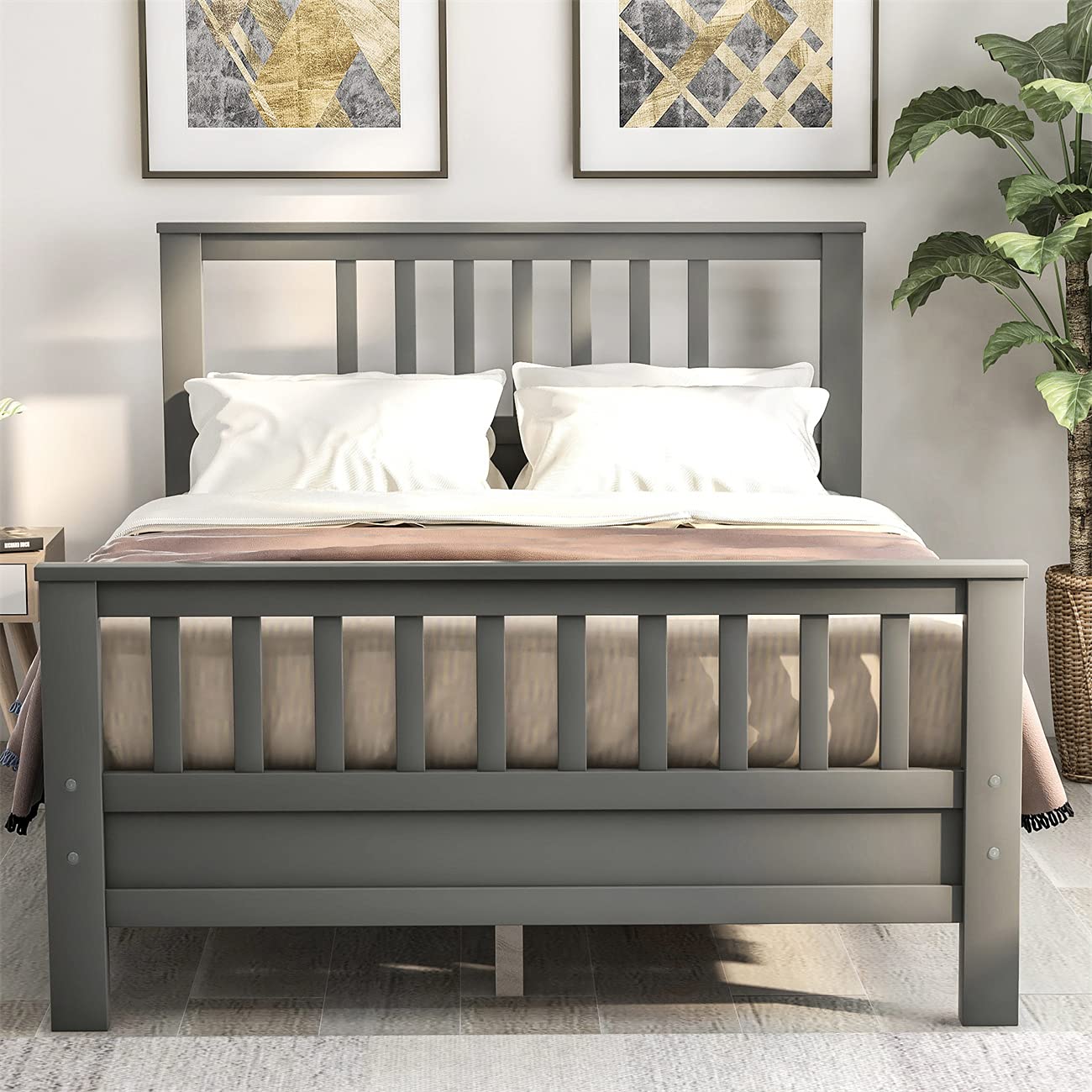 Solid Wood Platform Bed Frame with Headboard & Footboard - Twin/Full Size, No Box Spring Needed (Gray) - Modern Bedroom Furniture for Small Spaces & Guest Rooms