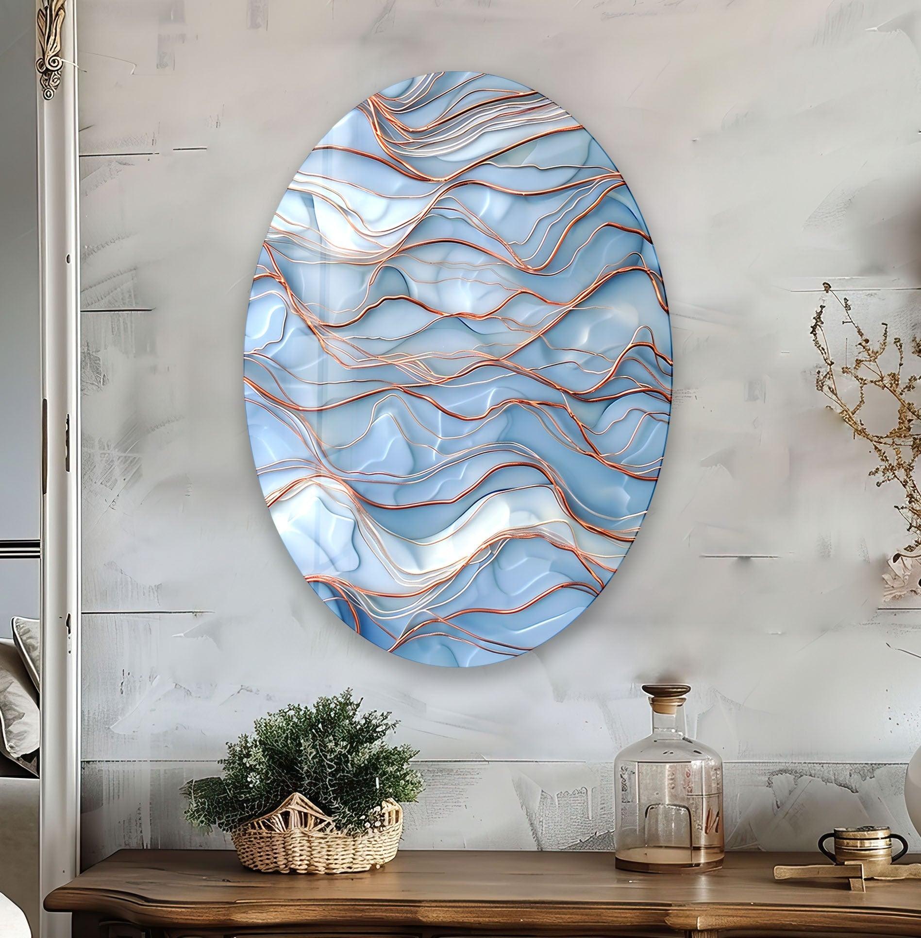 Asymmetric Oval Golden & Blue Glass Wall Art Decor - Modern Handmade Mosaic Glass Panel for Living Room, Bedroom, Office & Interior Design