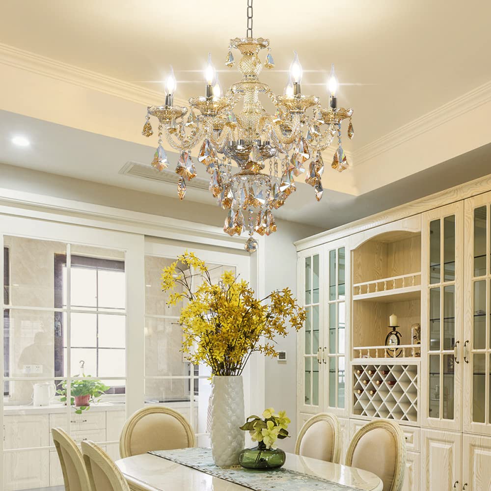 Modern K9 Crystal Chandelier Cognac 6-Light E12 Base Candle Pendant Lighting Fixture - Elegant Crystal Ceiling Light for Dining Room, Living Room, Bedroom, Hallway - Perfect for Home Decor, Wedding Venues, and Luxury Interior Lighting
