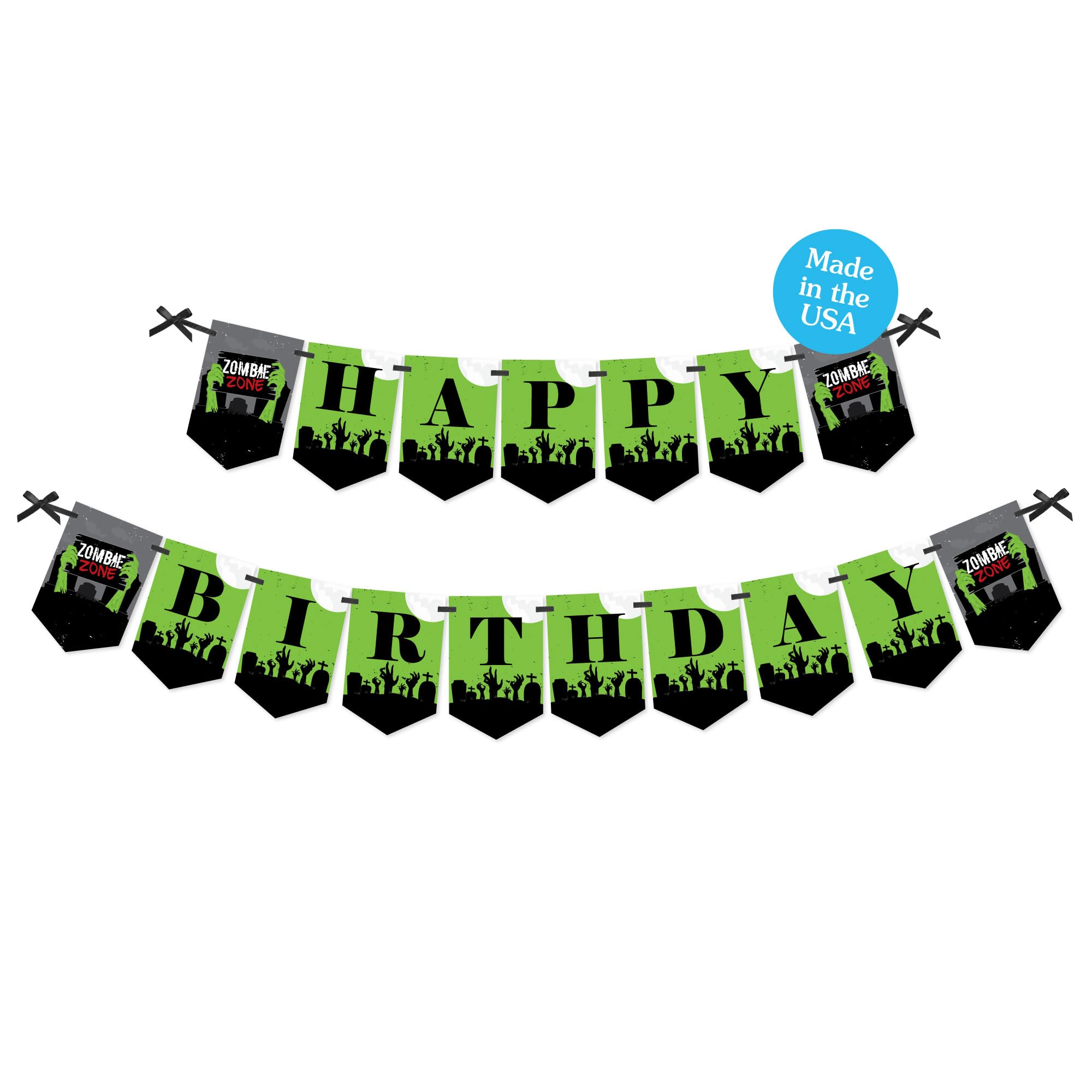 Big Dot of Happiness Zombie Zone - Zombie Crawl Party Bunting Banner for Birthday Decorations | Halloween & Horror Themed Party Supplies | Perfect for Birthday Parties, Halloween Events & Horror Movie Nights
