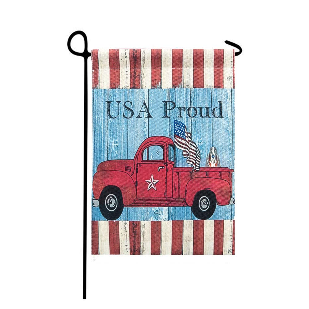 SLTY USA Proud Red Truck Garden Flag - 12 x 18 Inch Double Sided Outdoor Decorative Flag for Yard, Porch & Seasonal Home Decor