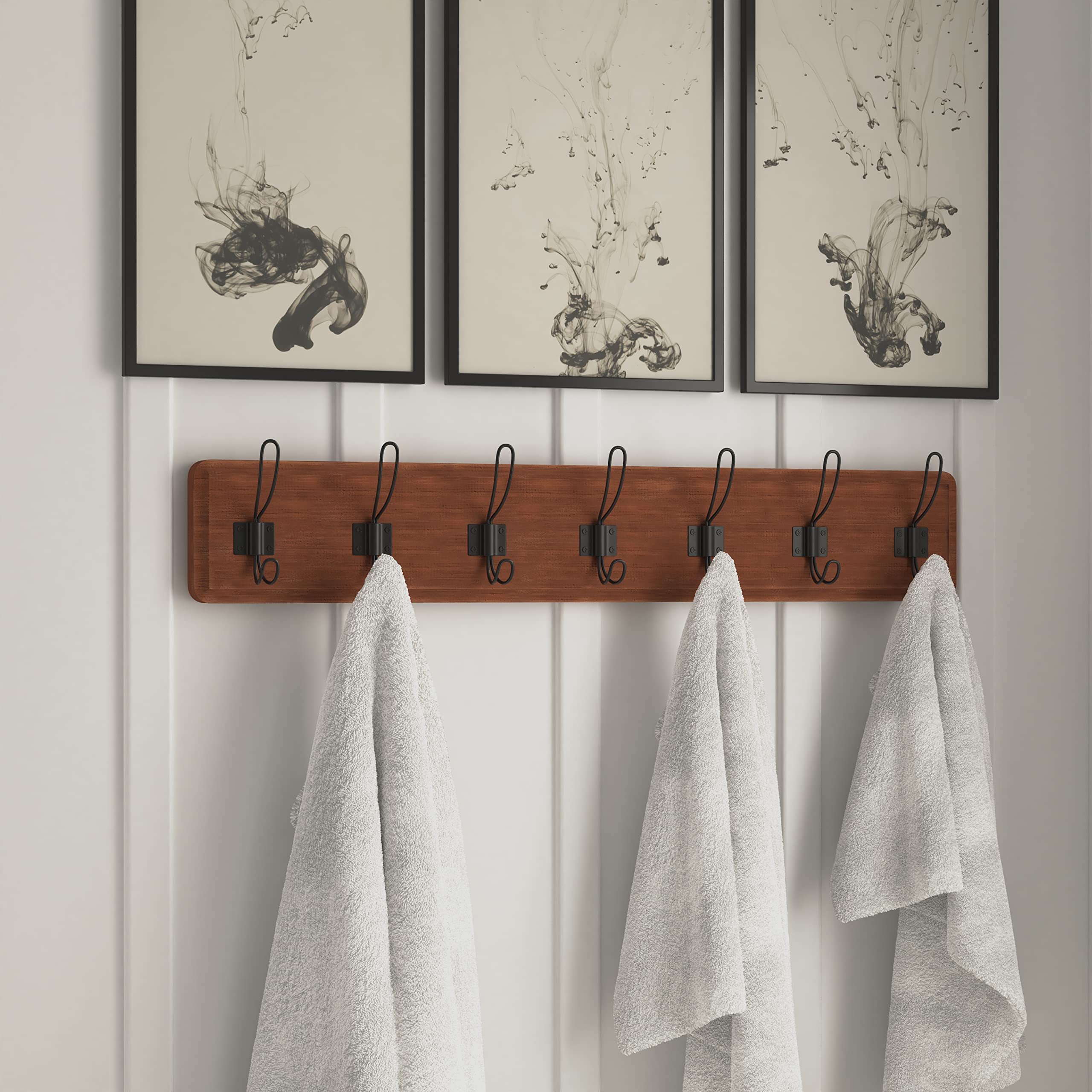 Rustic Brown Solid Wood Wall Mounted Coat Rack with Shelf - 7 Hooks, 34