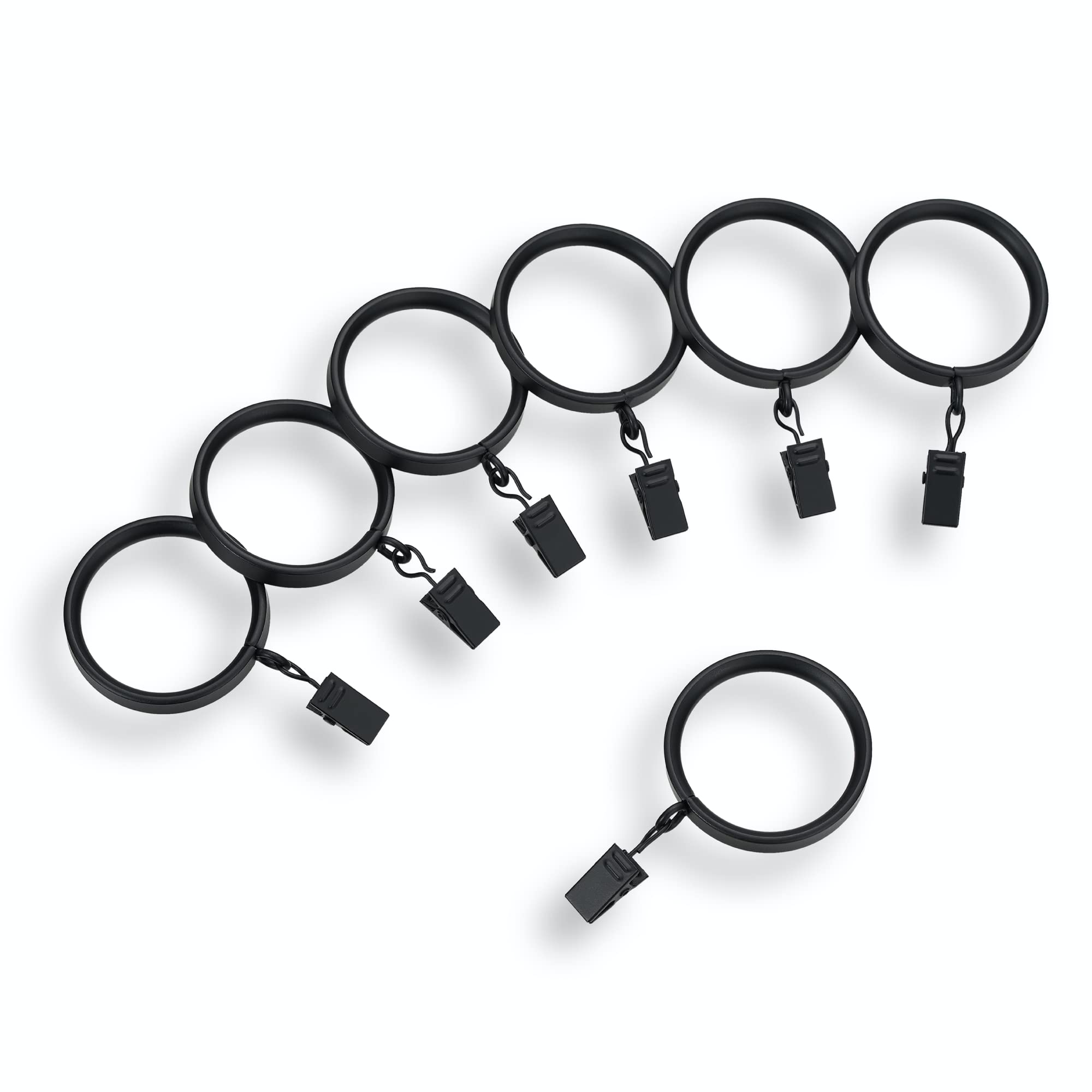 Premium MODE Flat Steel Curtain Clip Rings - Set of 14 Matte Black Curtain Rings with Clips for Drapes & Curtains (1 5/8