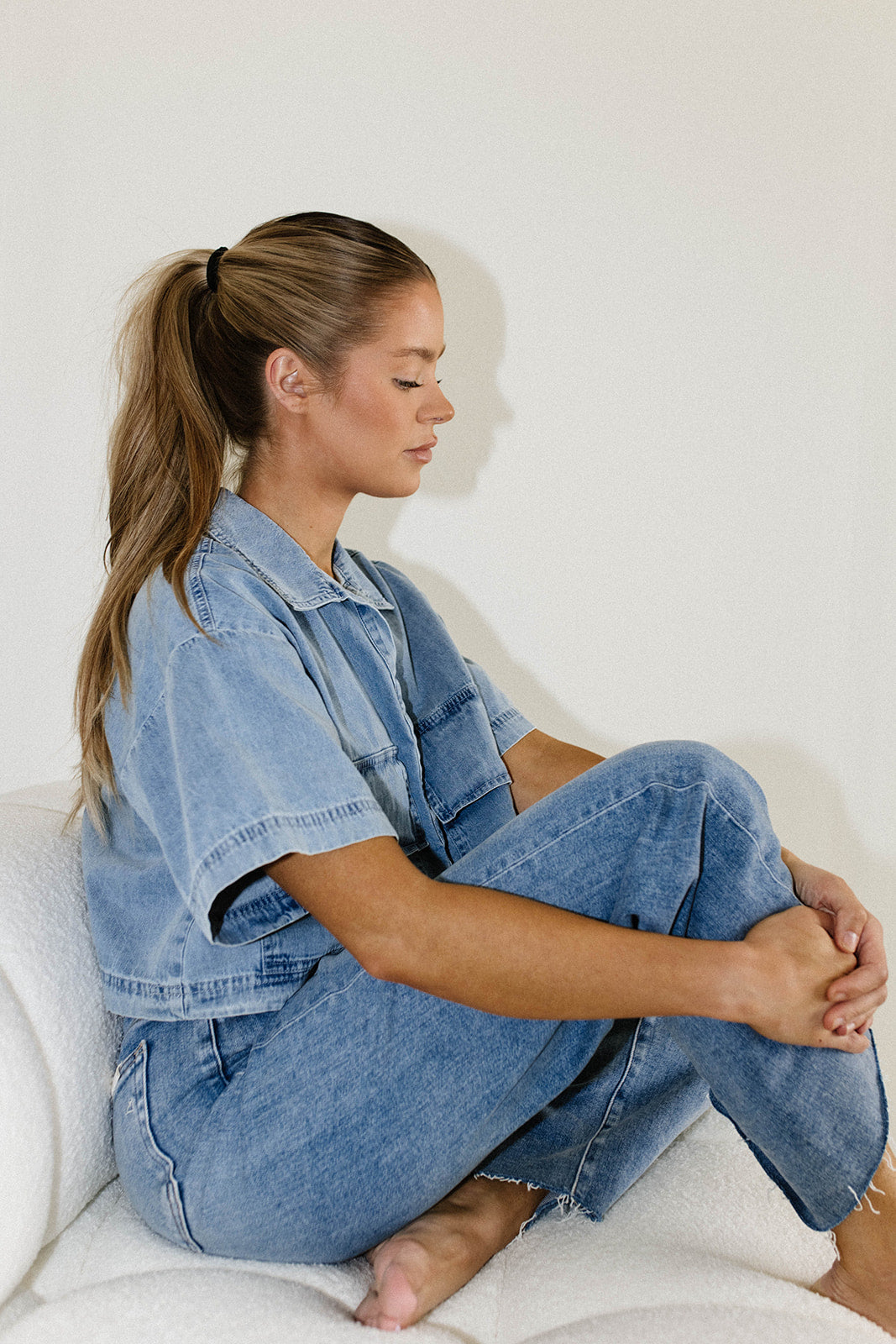 Carla 100% Cotton Chambray Cropped Shirt - Women's Casual Short Sleeve Button Down Top for Summer Outfits, Beach Wear & Boho Style