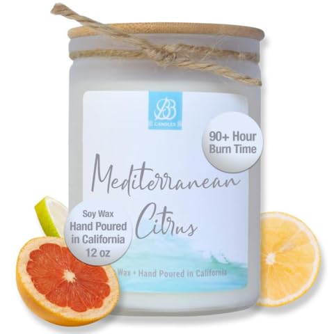 Natural Soy Hand-Poured Candle - Mediterranean Citrus Scent | 12oz Artisan Candle with 90+ Hours Burn Time | Strong Fragrance for Home, Office & Spa Relaxation