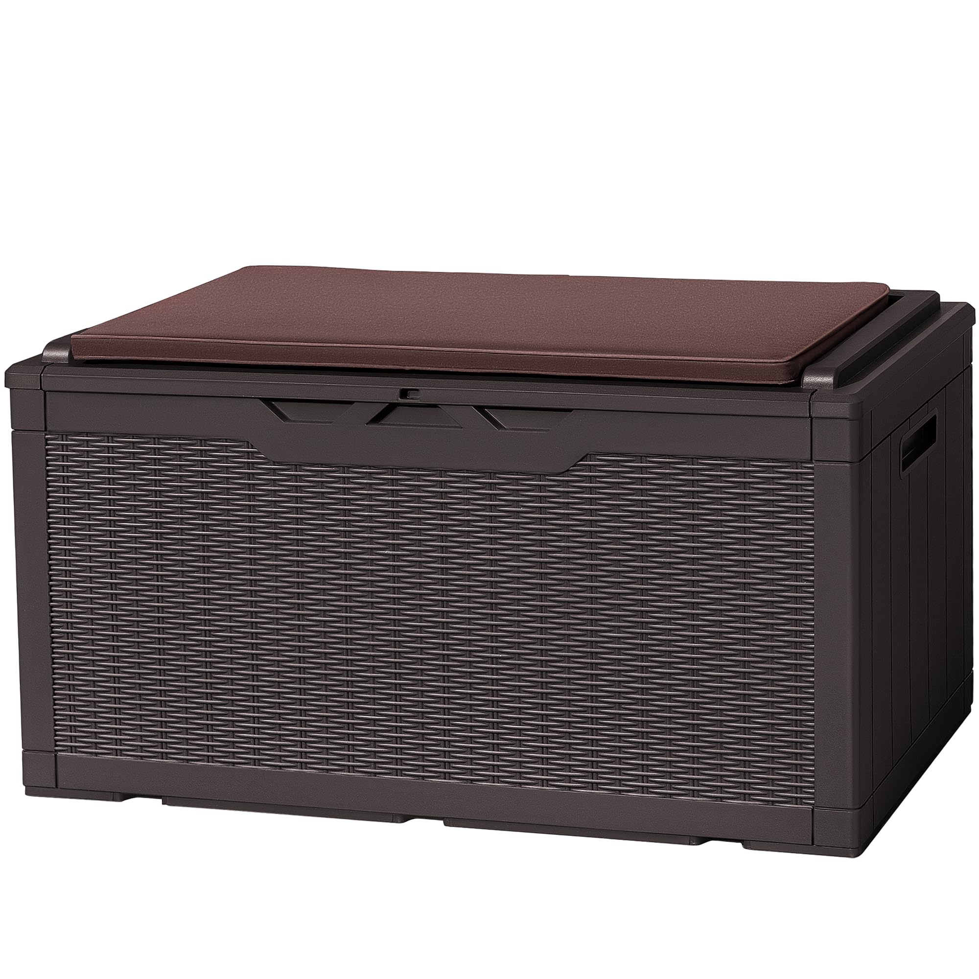 Flamaker 100 Gallon Waterproof Deck Box with Cushion - Lockable Outdoor Storage Bench for Patio Furniture, Pool Accessories & Tools - Durable Resin Storage Container for Indoor/Outdoor Use - Perfect for Backyard, Garden & Poolside Organization (Deep Brown)
