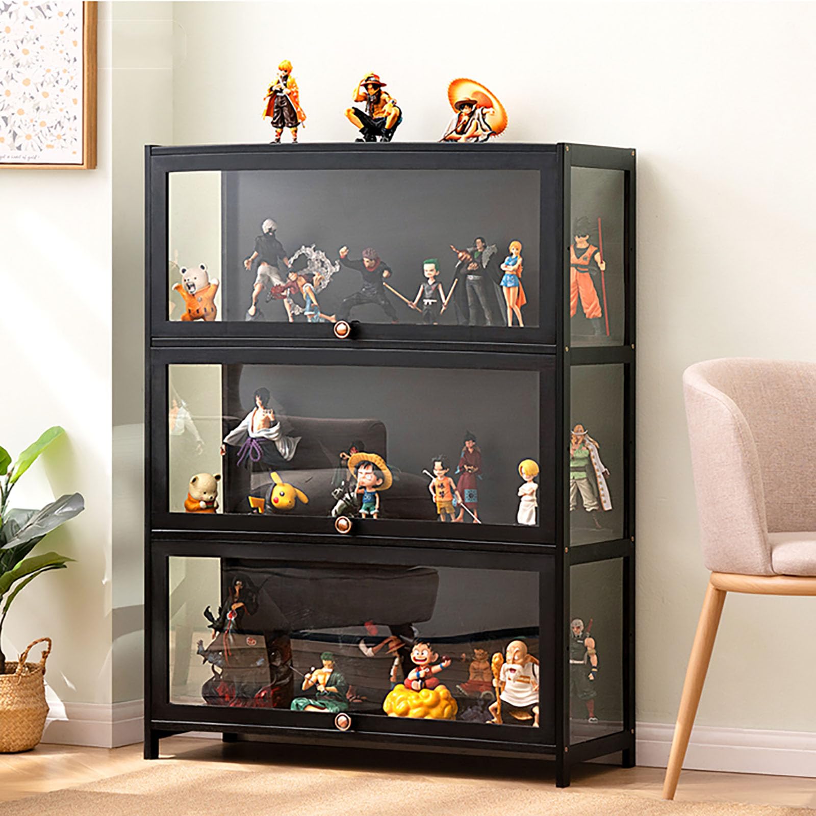 ZMHPLKH Natural Bamboo Display Cabinet with Glass Doors - Curio Cabinet, Flip-Top Design, Dust-Proof & Easy Assembly - Perfect for Living Room, Dining Room, or Office Decor