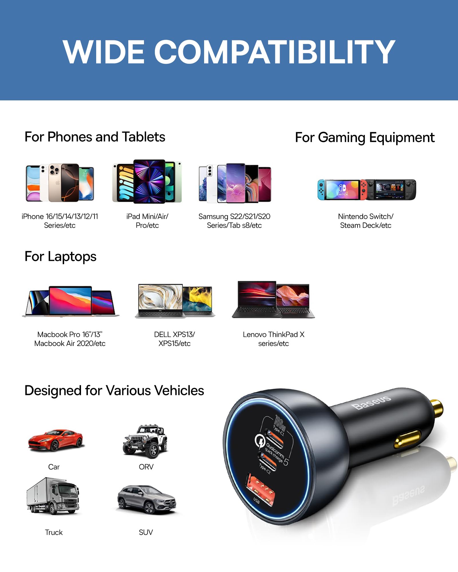 Baseus 160W USB C Car Charger with QC5.0 & PD3.0 - 3 Port Super Fast Charging Adapter for iPhone 15/14/13 Pro, Samsung S22, iPad & MacBook Pro - Perfect for Road Trips & Daily Commute