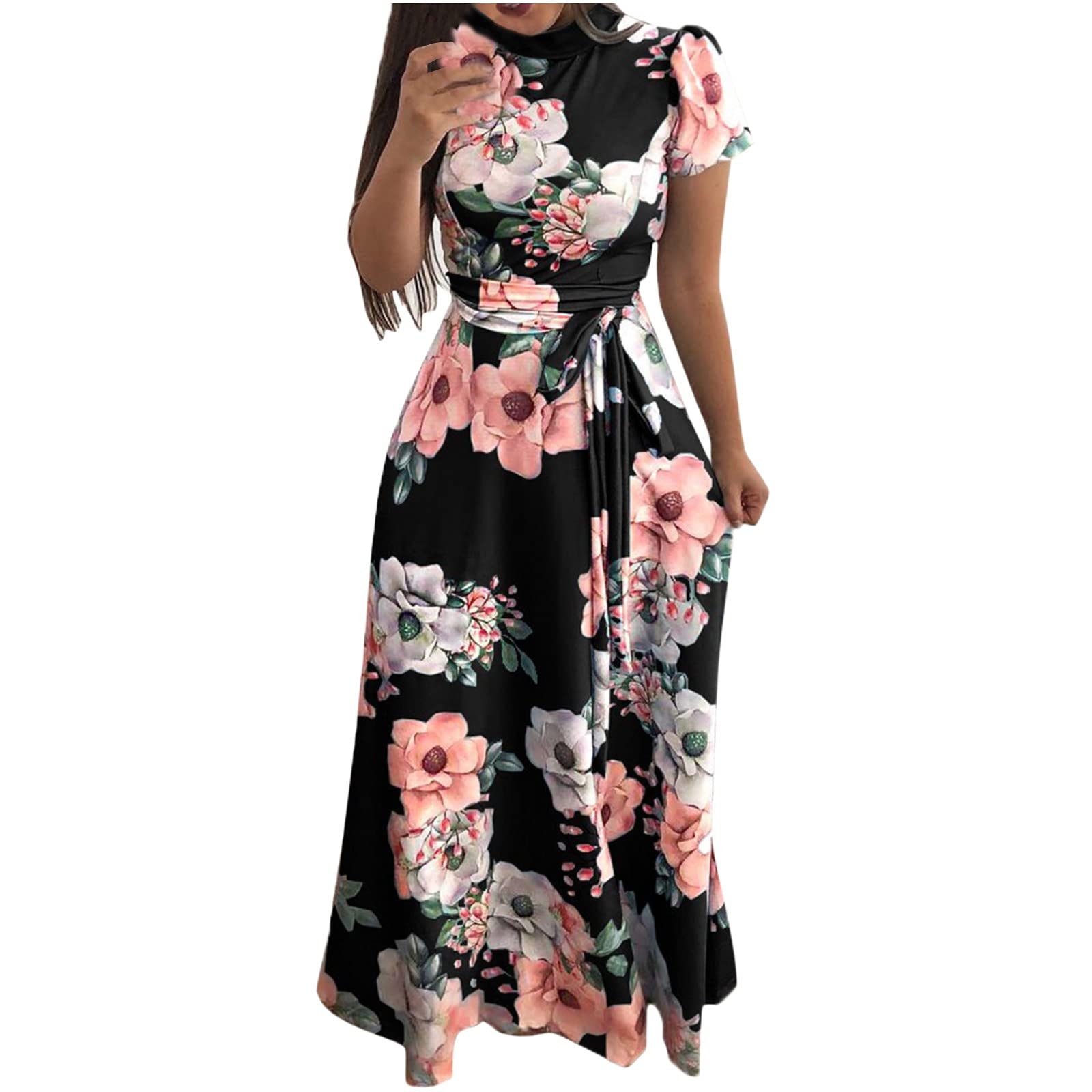 Women's Summer Floral Print Belt Dress - Turtleneck Bandage Bodycon Dress with Short Sleeves | Perfect for Parties, Casual Outings & Formal Events | Office Wear, Date Night & Special Occasions