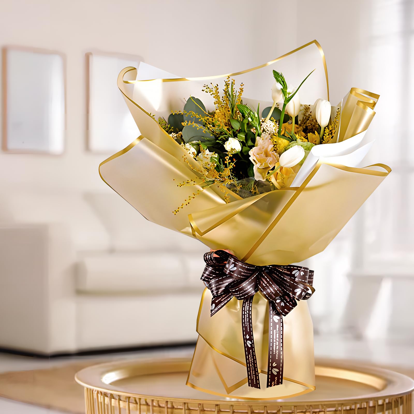 ZORRITA 20 Sheets Gold Flower Wrapping Paper - Waterproof Bouquet Gift Wrap with Ribbons, 22.8 x 22.8 Inch Floral Paper for Wedding, Birthday, Anniversary & Party Decorations (Gold Edge)