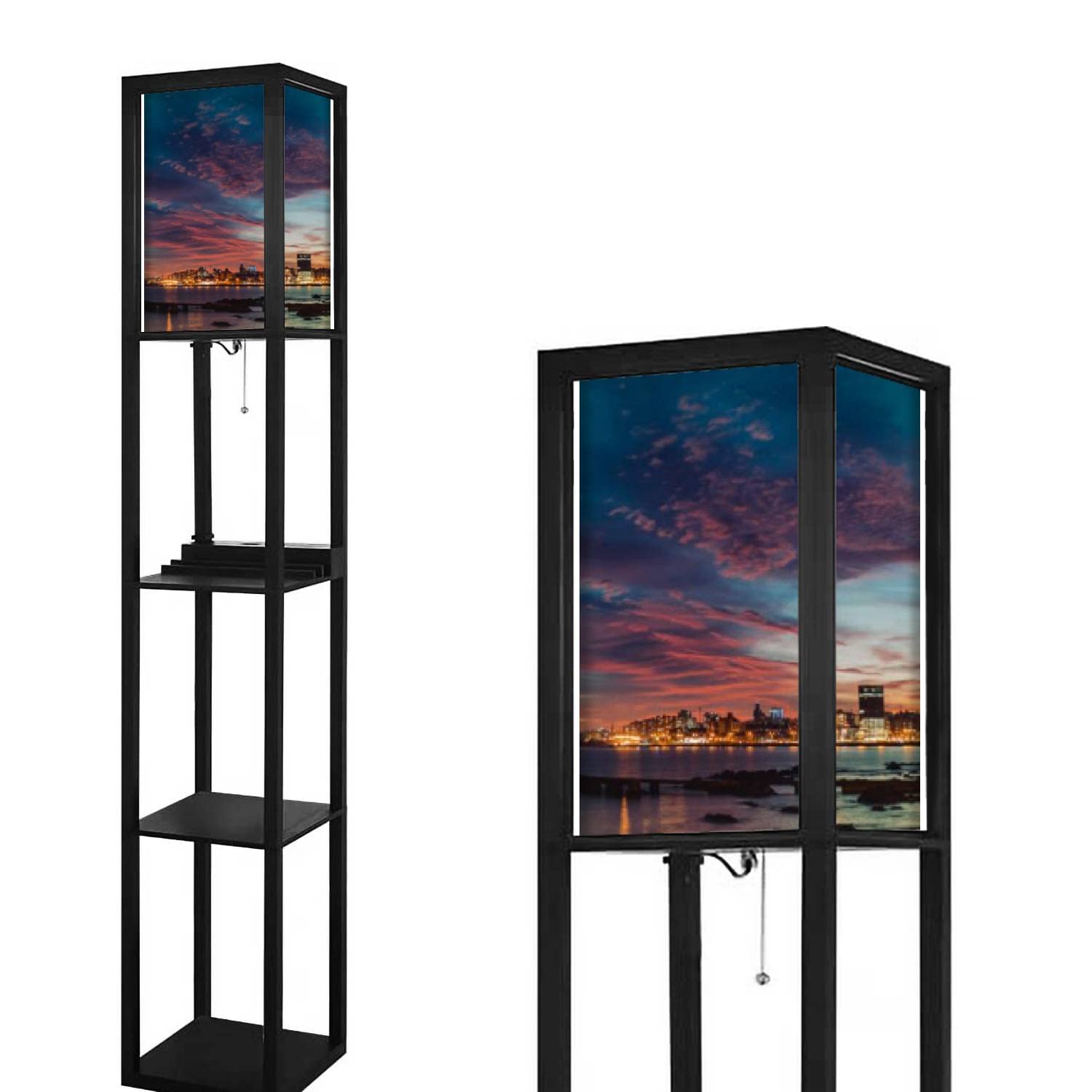 Modern Montevideo Sunset Floor Lamp with Shelves, USB Ports & Power Outlet - Linen Fabric Shade Corner Standing Light for Living Room, Bedroom | Perfect for Reading Nook, Home Office & Cozy Nighttime Ambience