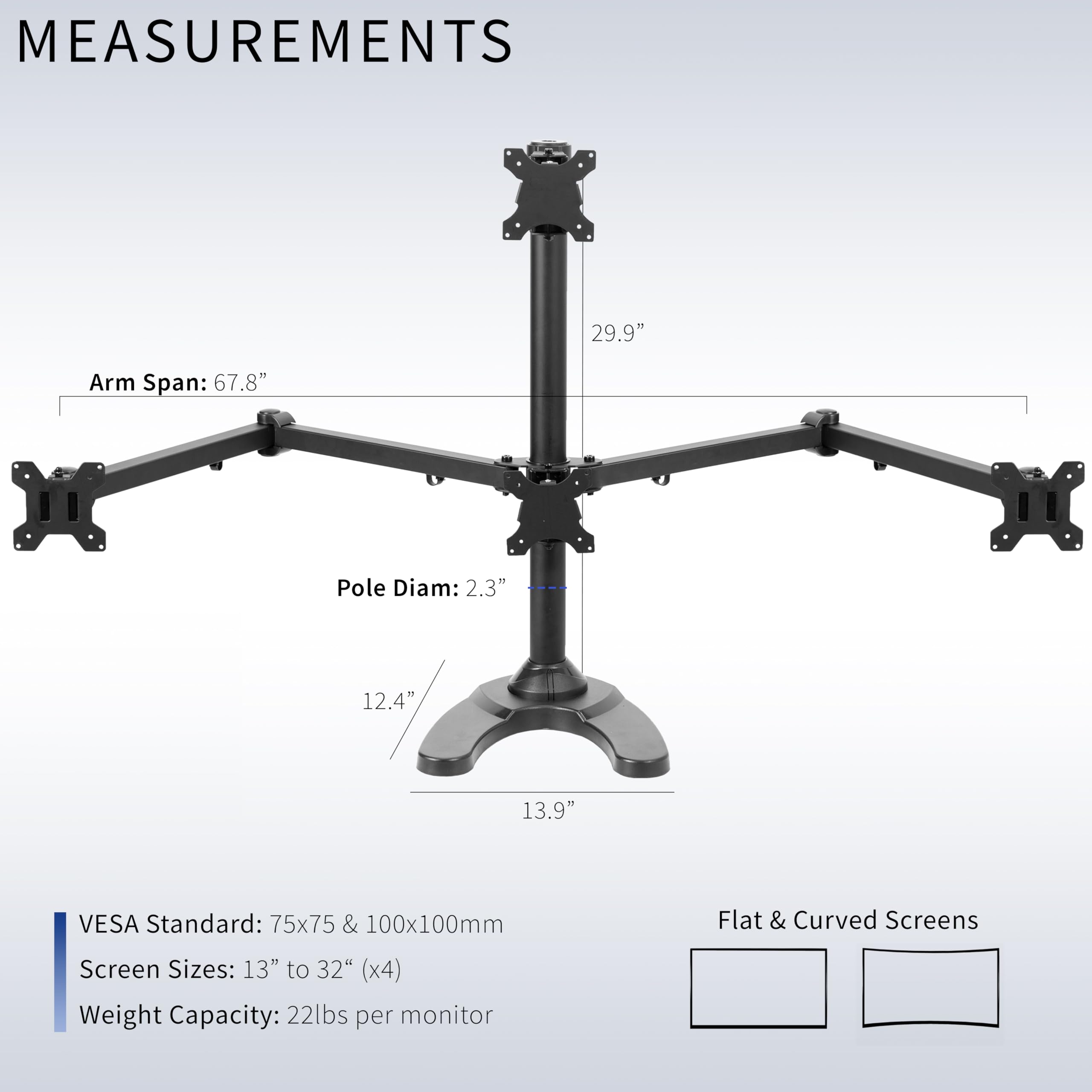 VIVO Steel Quad Monitor Stand for 13 to 32 Inch LED LCD Screens - Heavy Duty Freestanding Mount with 3+1 Fully Adjustable Arms, Holds 4 Computer Monitors STAND-V104F - Perfect for Multi-Screen Gaming, Office Workstations & Trading Setups